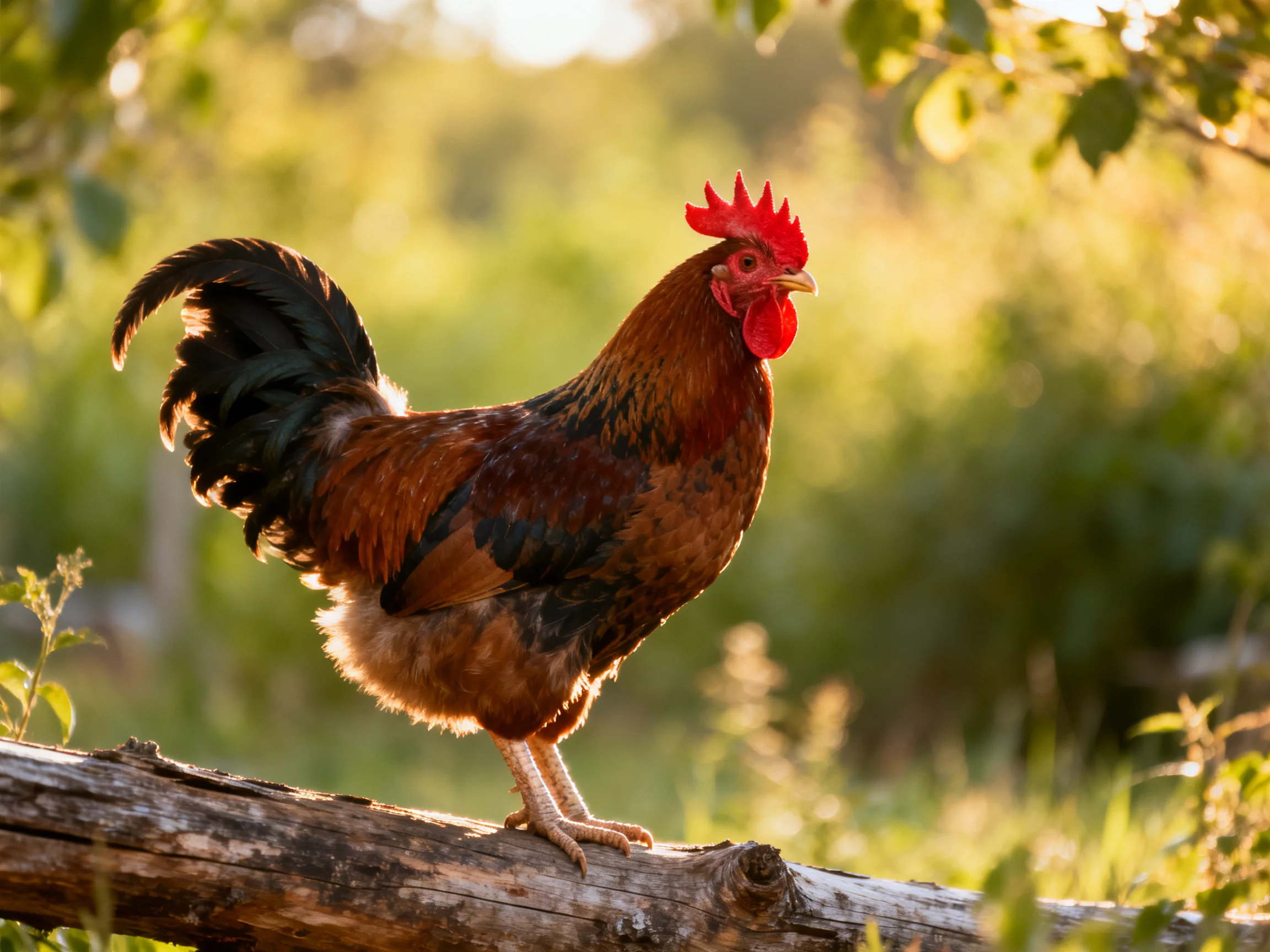 A vibrant red-combed rooster perches on a weathered wooden log amid sunlit greenery
