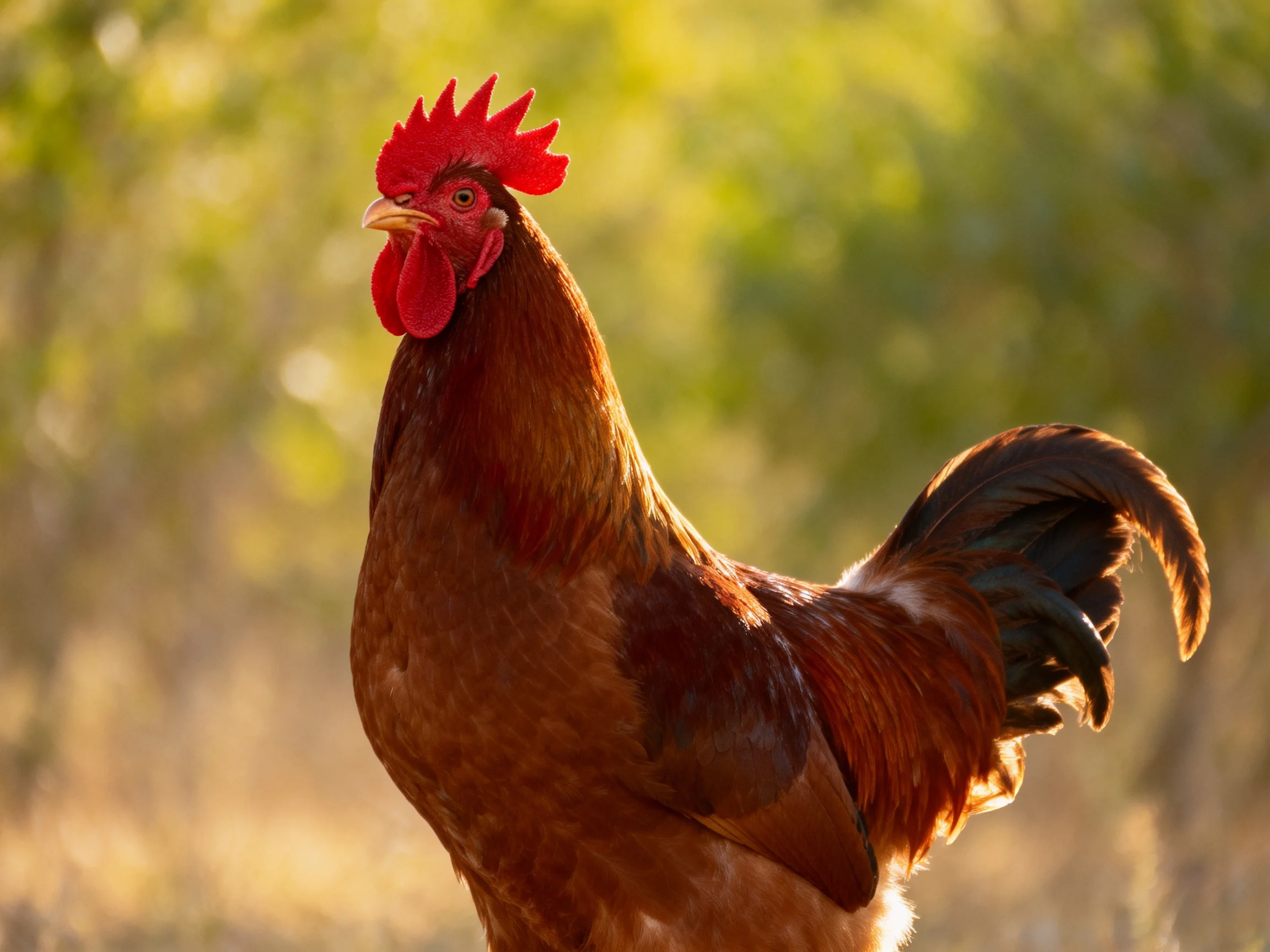 A vibrant red-combed rooster stands amid golden, blurred greenery