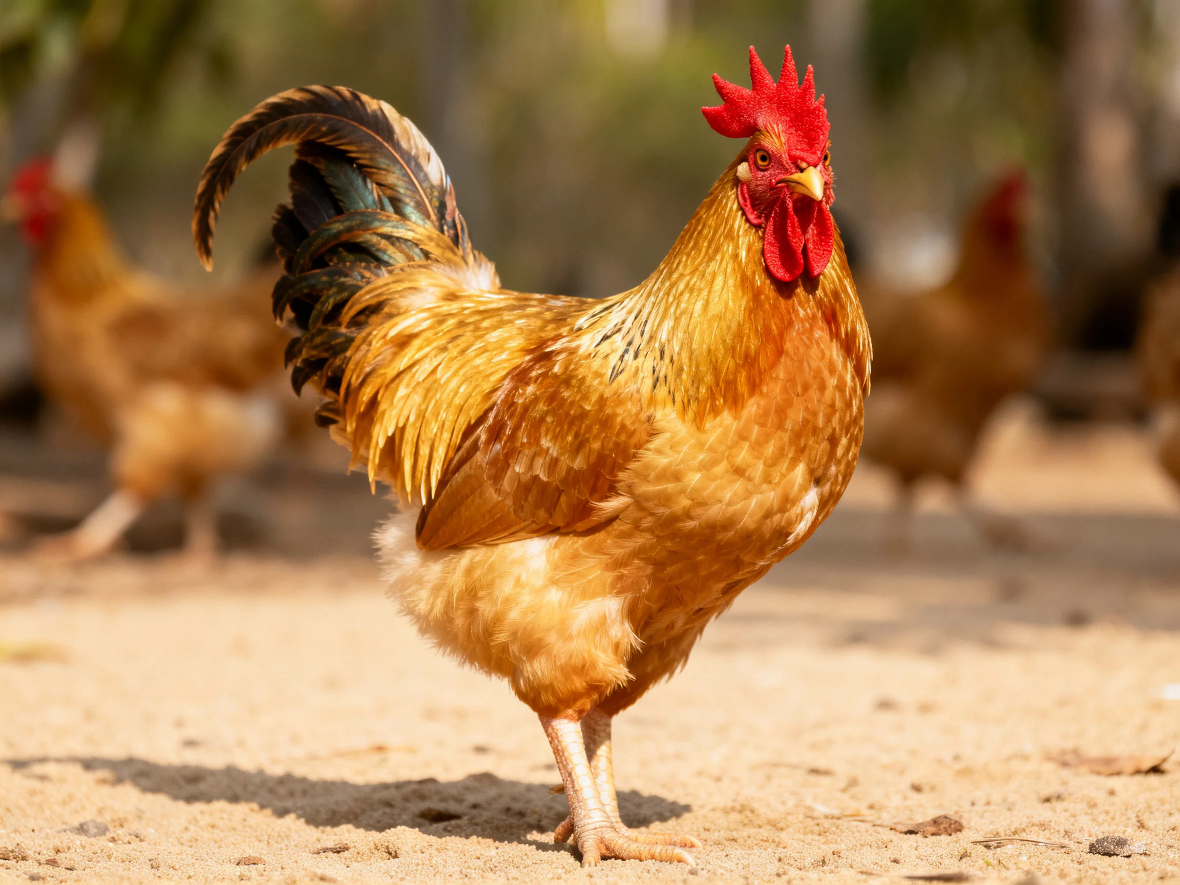A vibrant red-combed rooster stands among brown chickens on sandy ground
