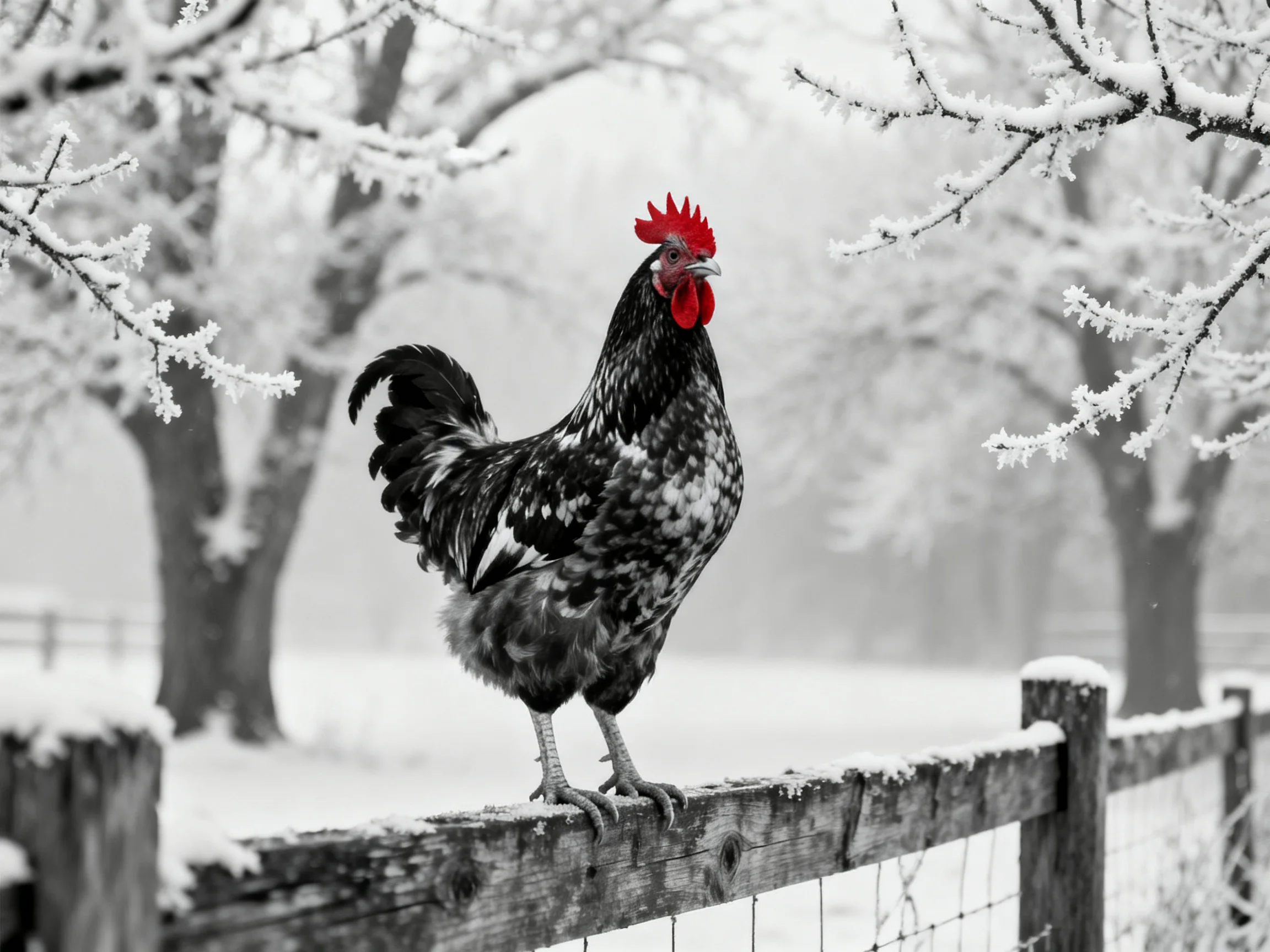 A vibrant red-combed rooster stands atop a snow-dusted wooden fence amid frosty winter trees