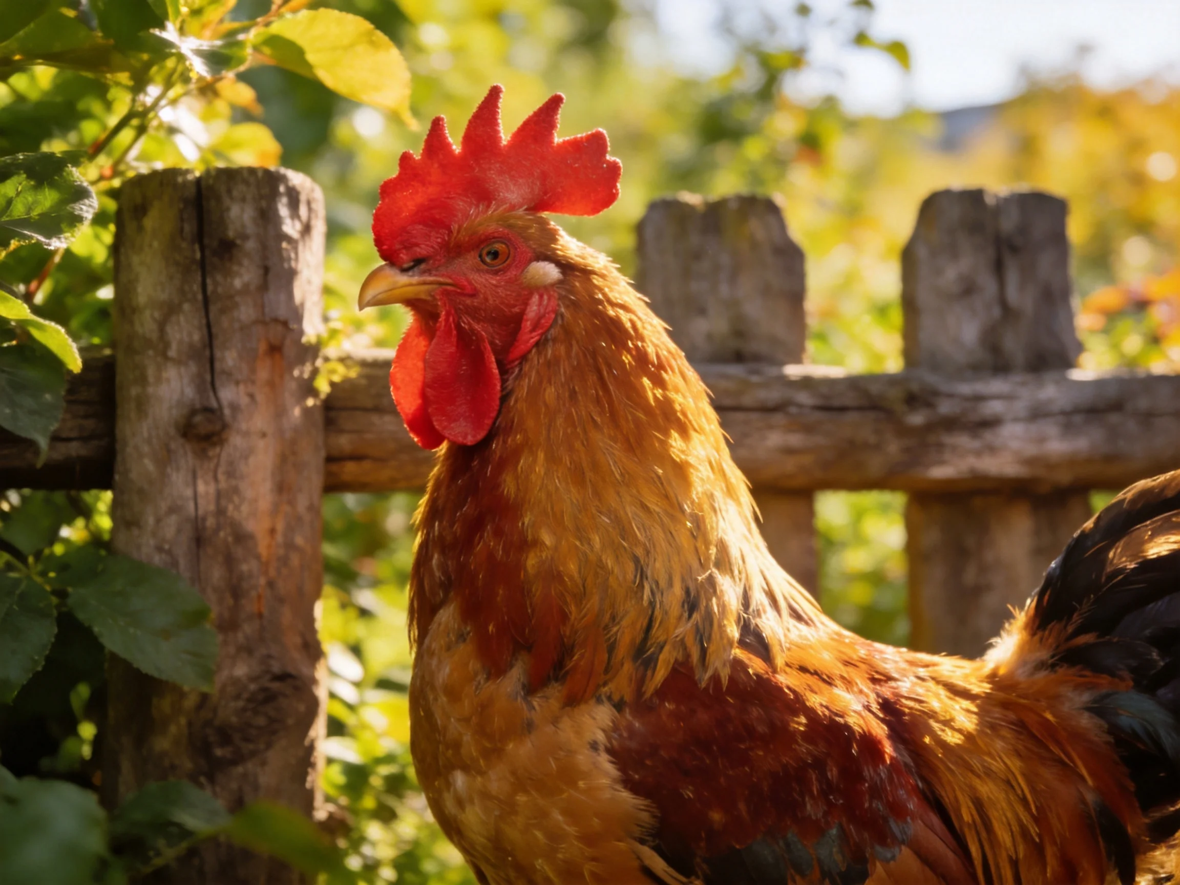A vibrant red-combed rooster stands before an aged wooden fence with lush green foliage