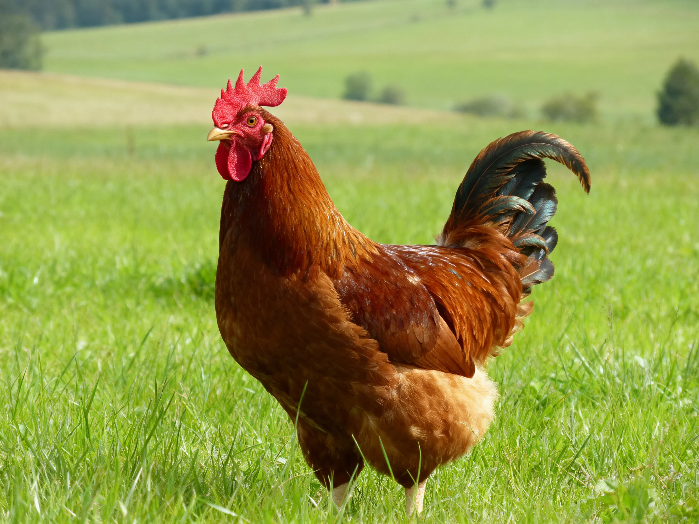 A vibrant red-combed rooster stands in lush green pasture