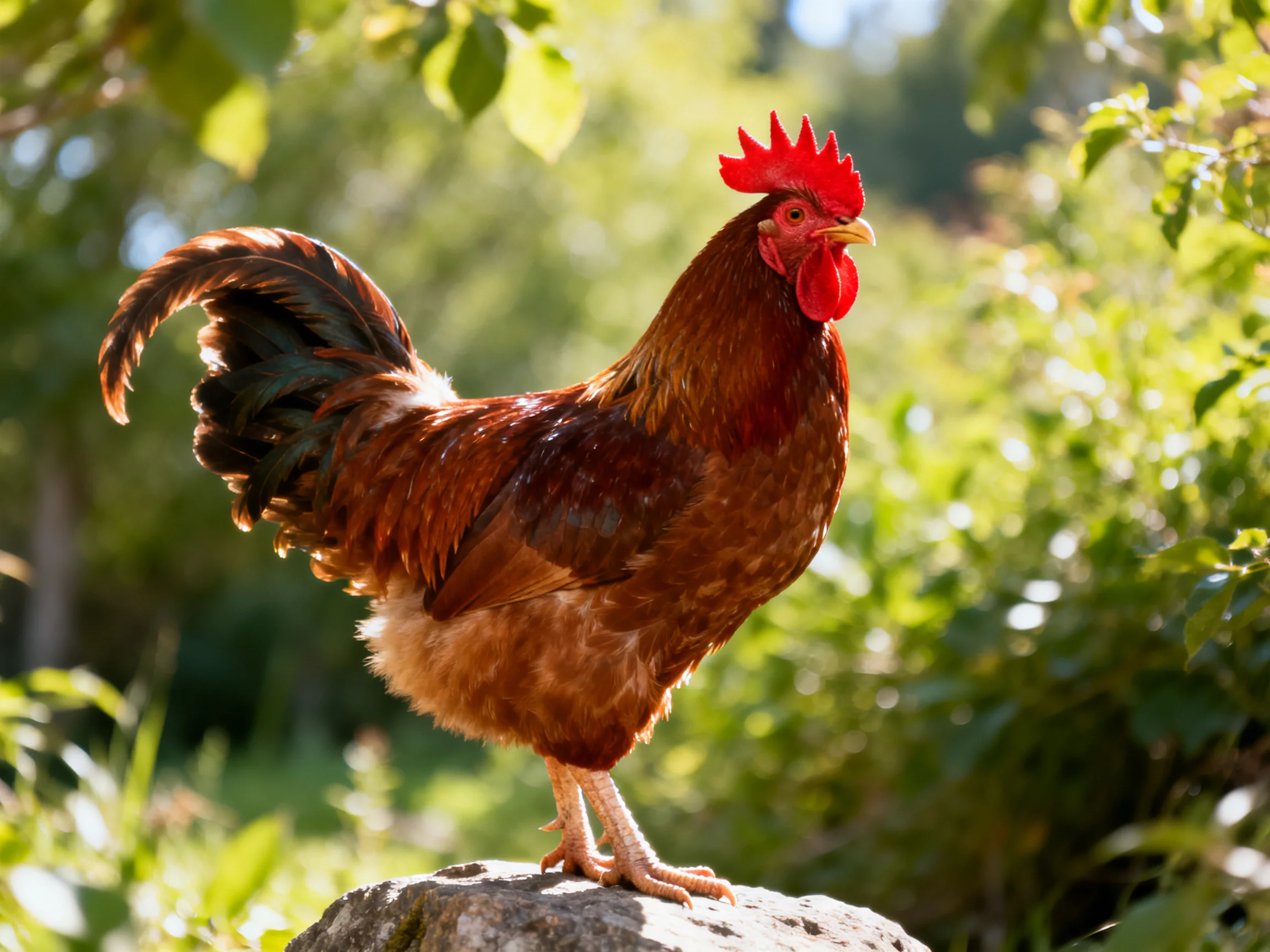 A vibrant red-combed rooster stands on a rock among lush greenery