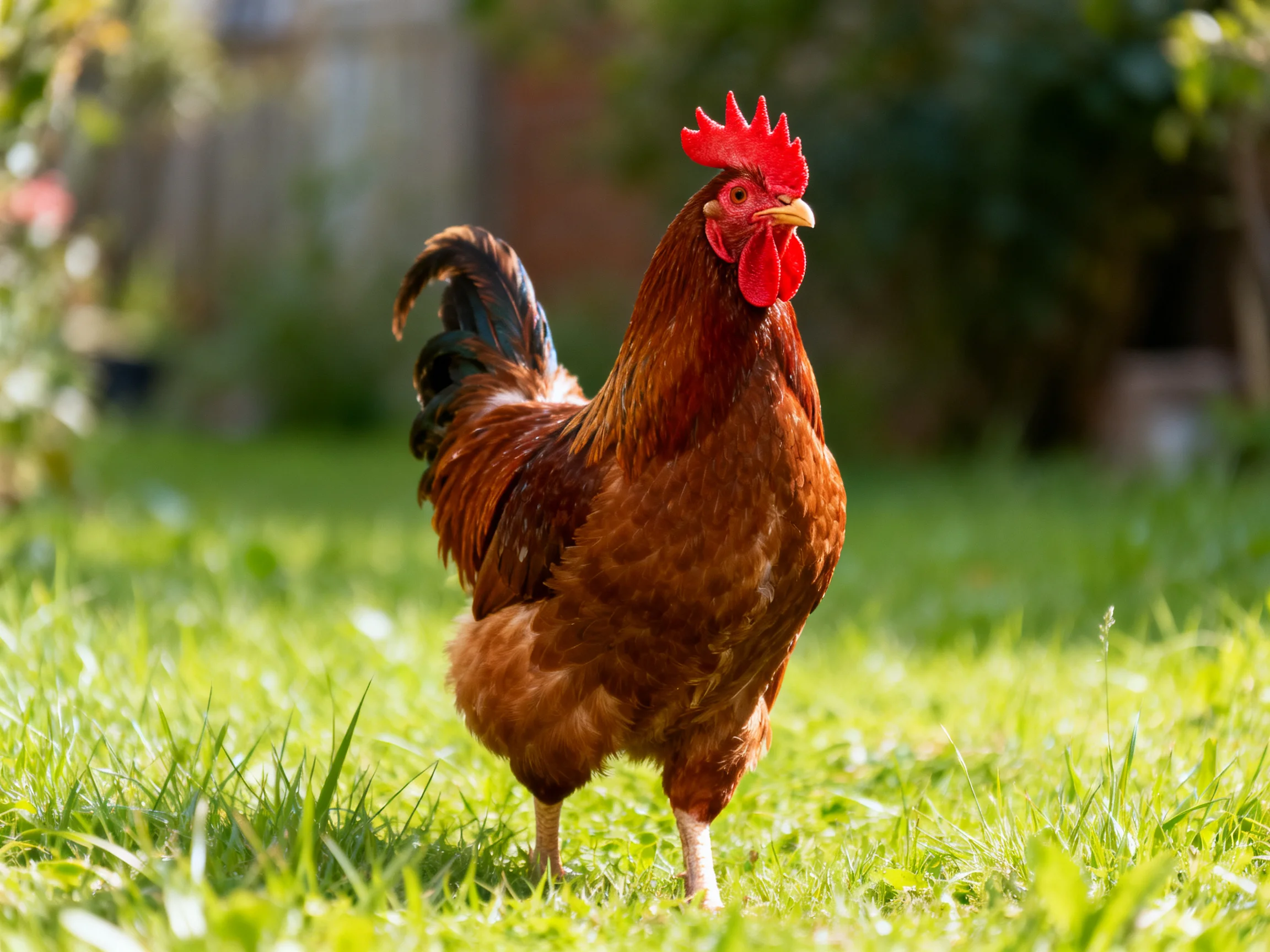 A vibrant red-combed rooster stands on lush green grass