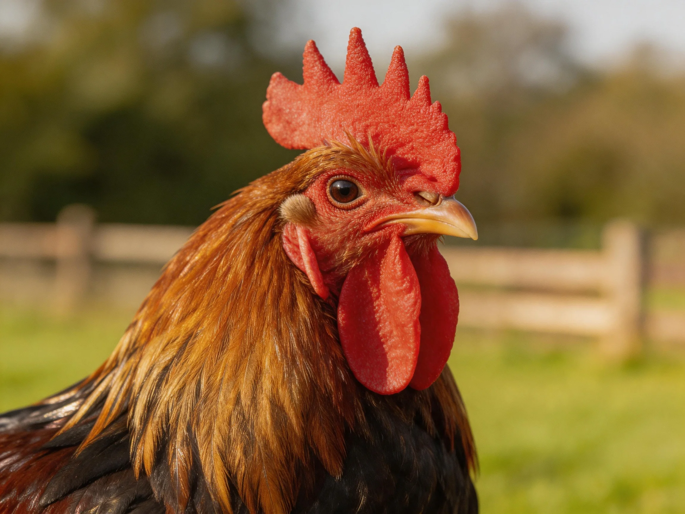 A rooster with a red comb is in a sunny outdoor farm setting.