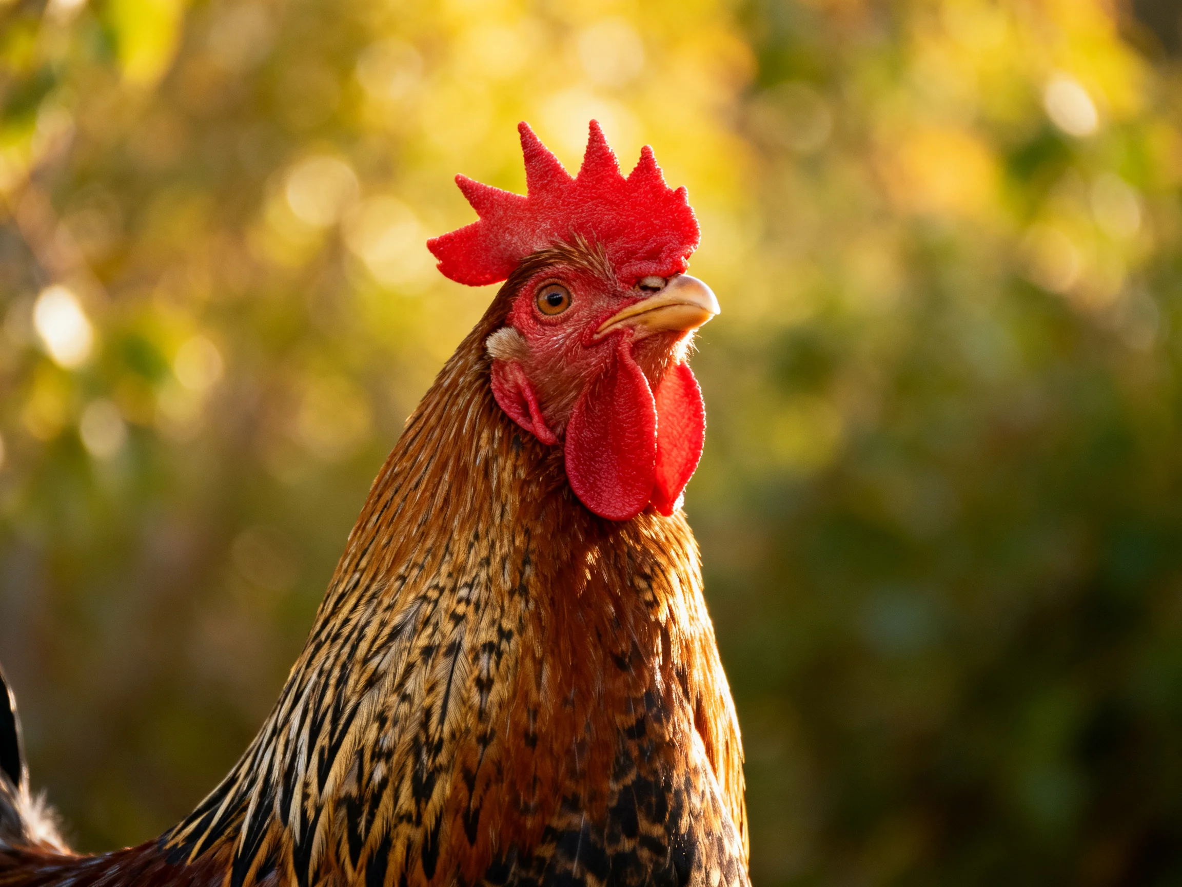 A vibrant red-combed rooster with brown and black patterned feathers