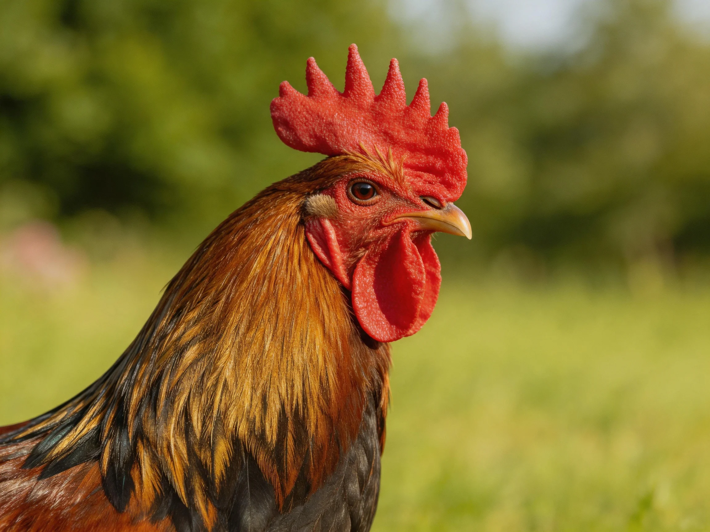 A vibrant red-combed rooster with brown and black plumage in a green field