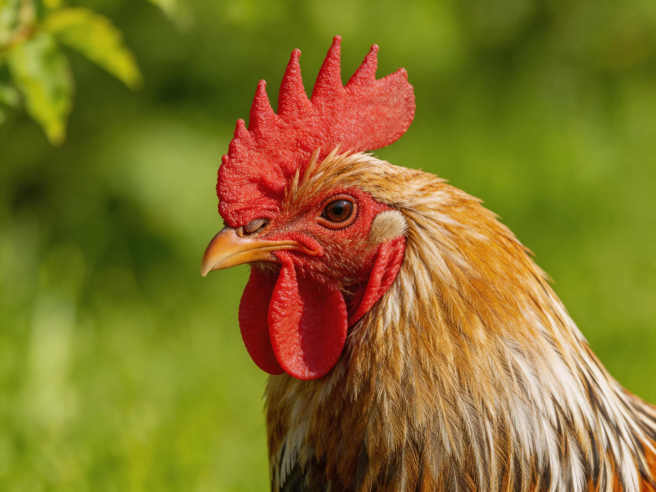 A rooster with a bright red comb and multicolored feathers is shown up close.