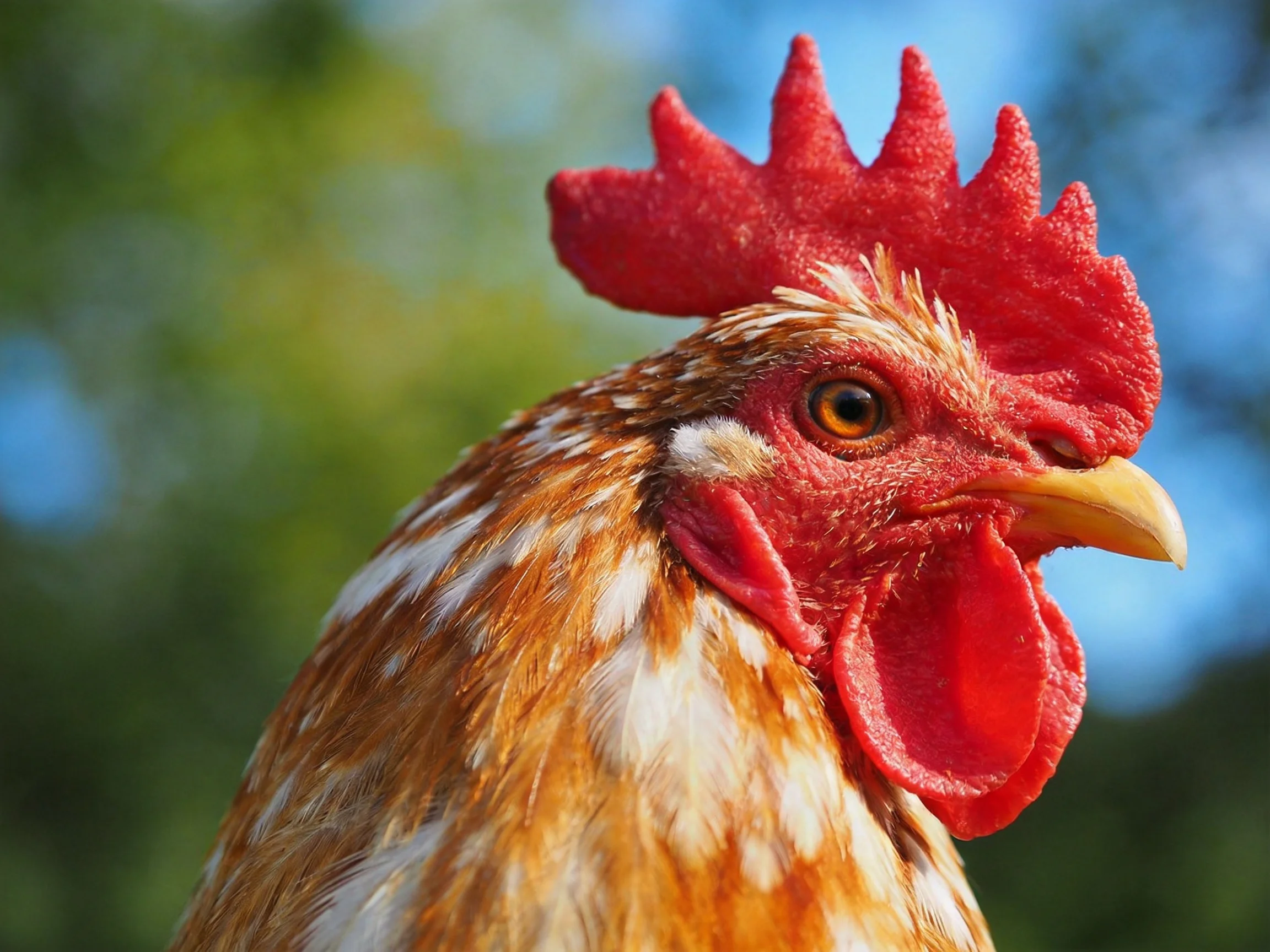 A vibrant red-combed rooster with brown and white plumage