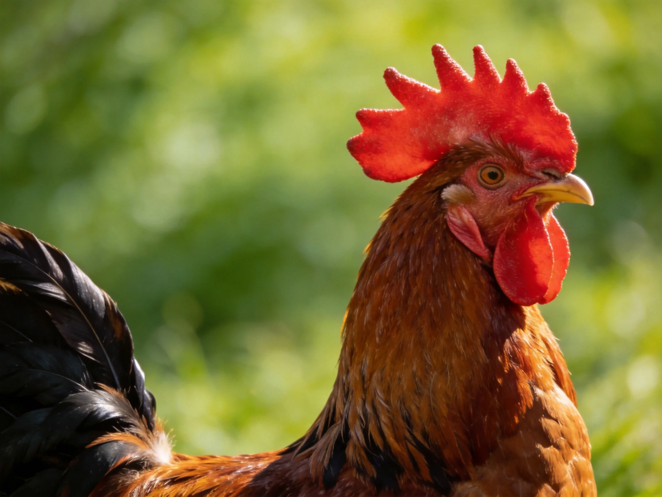 A vibrant red-combed rooster with brown feathers and dark tail against lush greenery