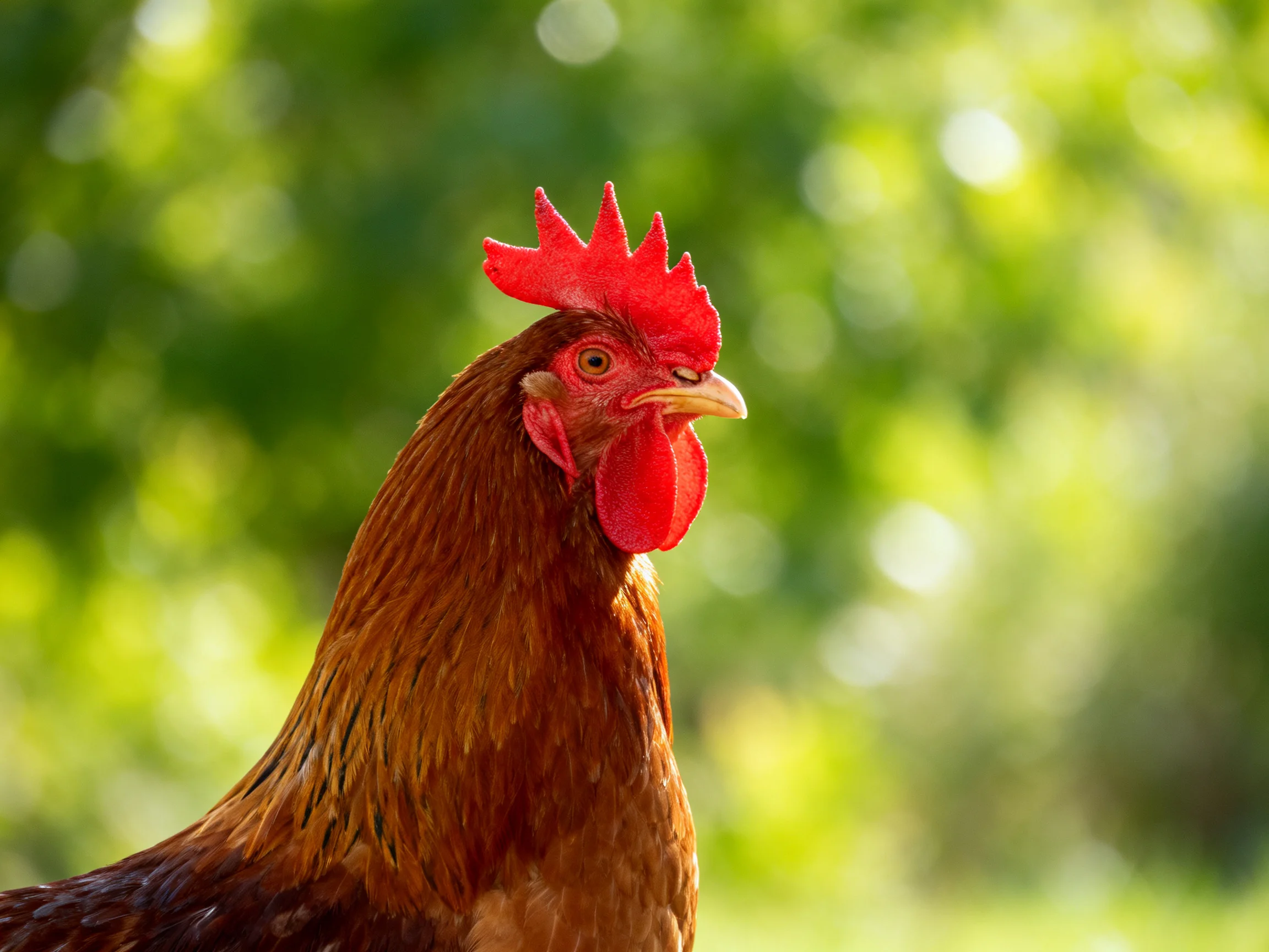 A vibrant red-combed rooster with brown plumage against a lush green backdrop