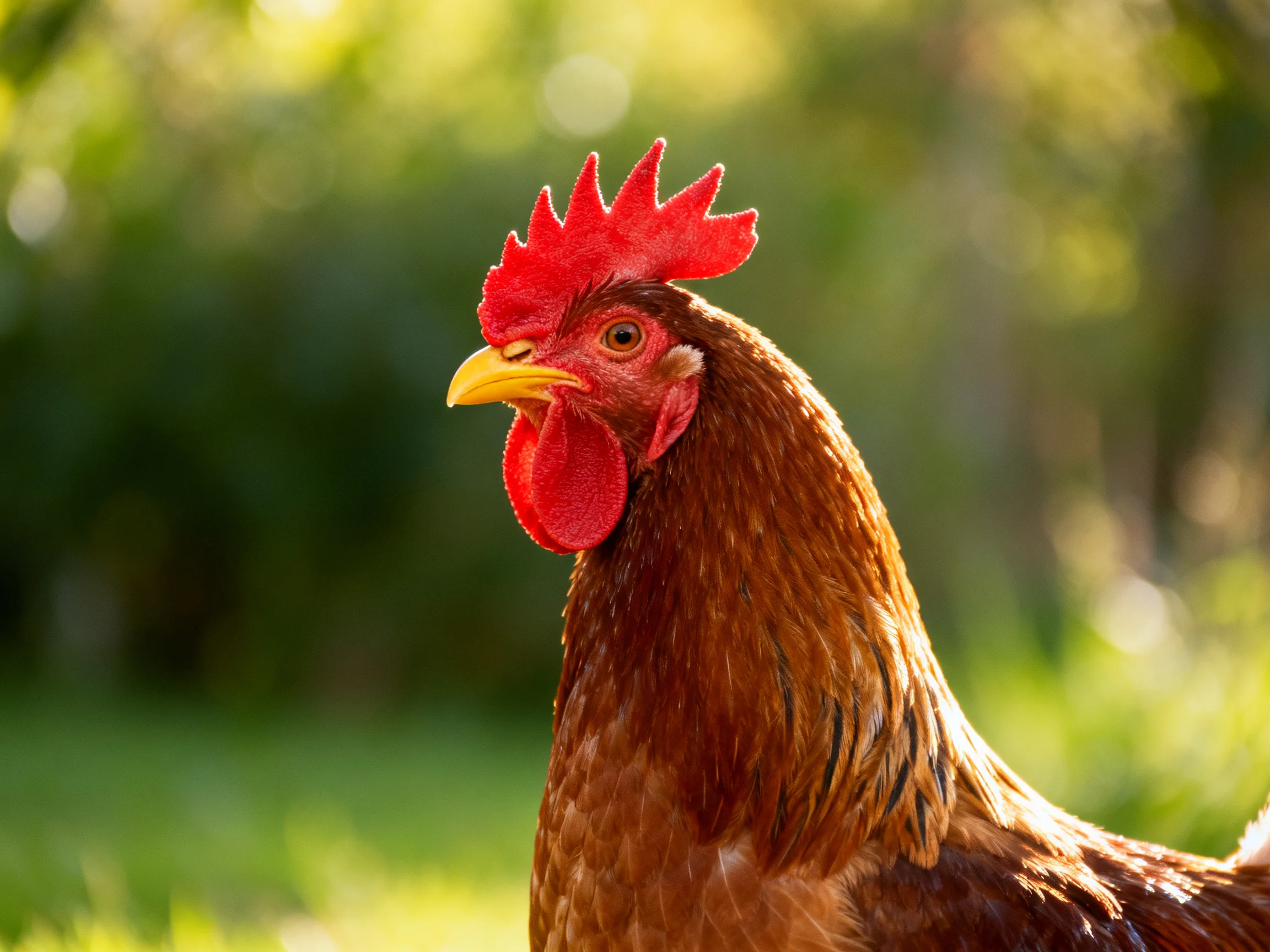 A vibrant red-combed rooster with brown plumage in a sunlit green landscape