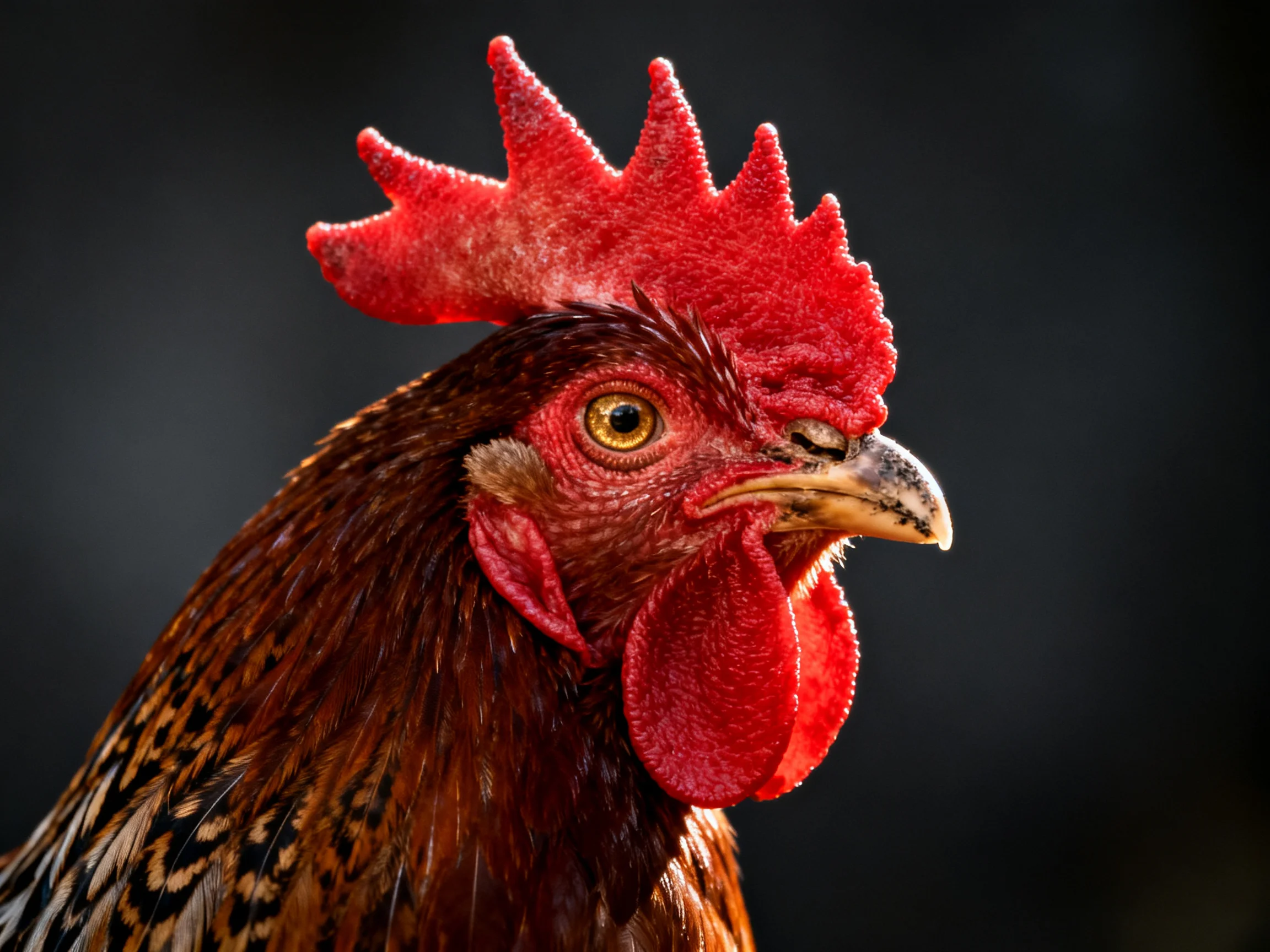 A vibrant red-combed rooster with brown speckled plumage