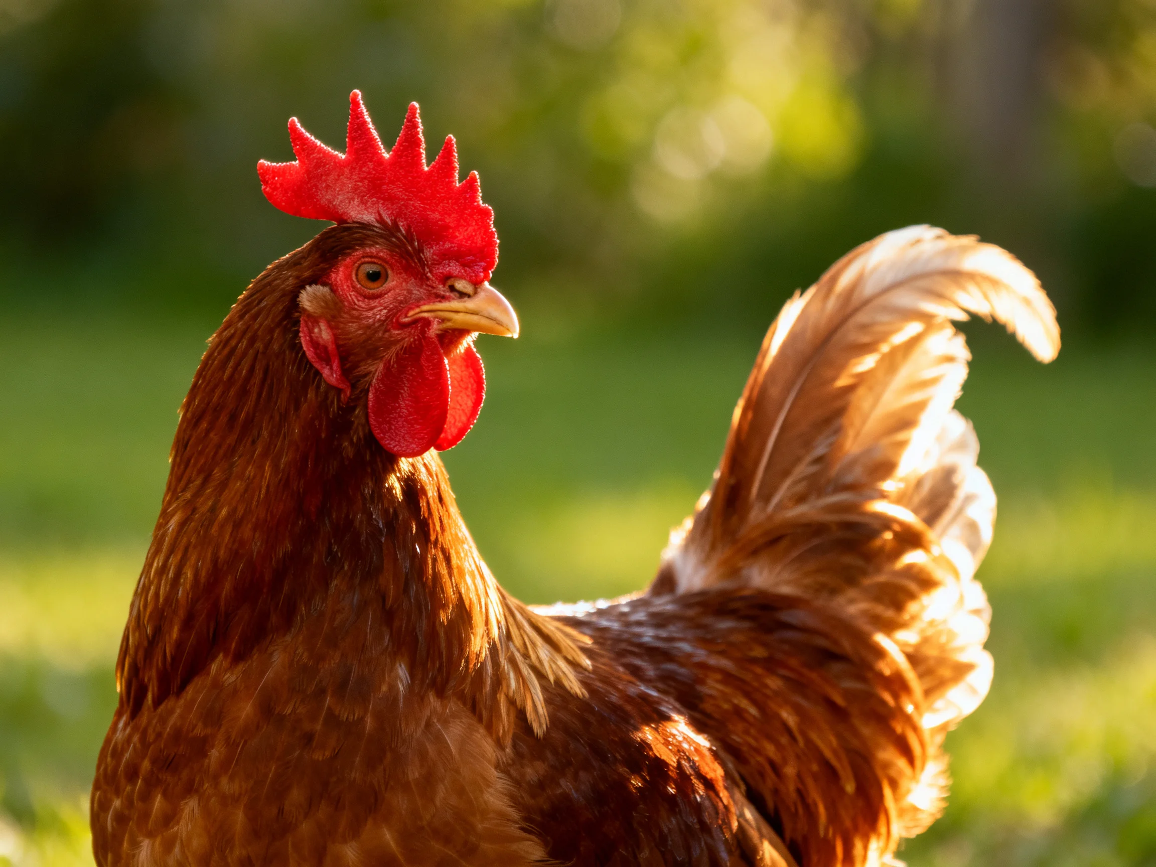 A roosterwith a bright red comb stands in a sunlit green field.
