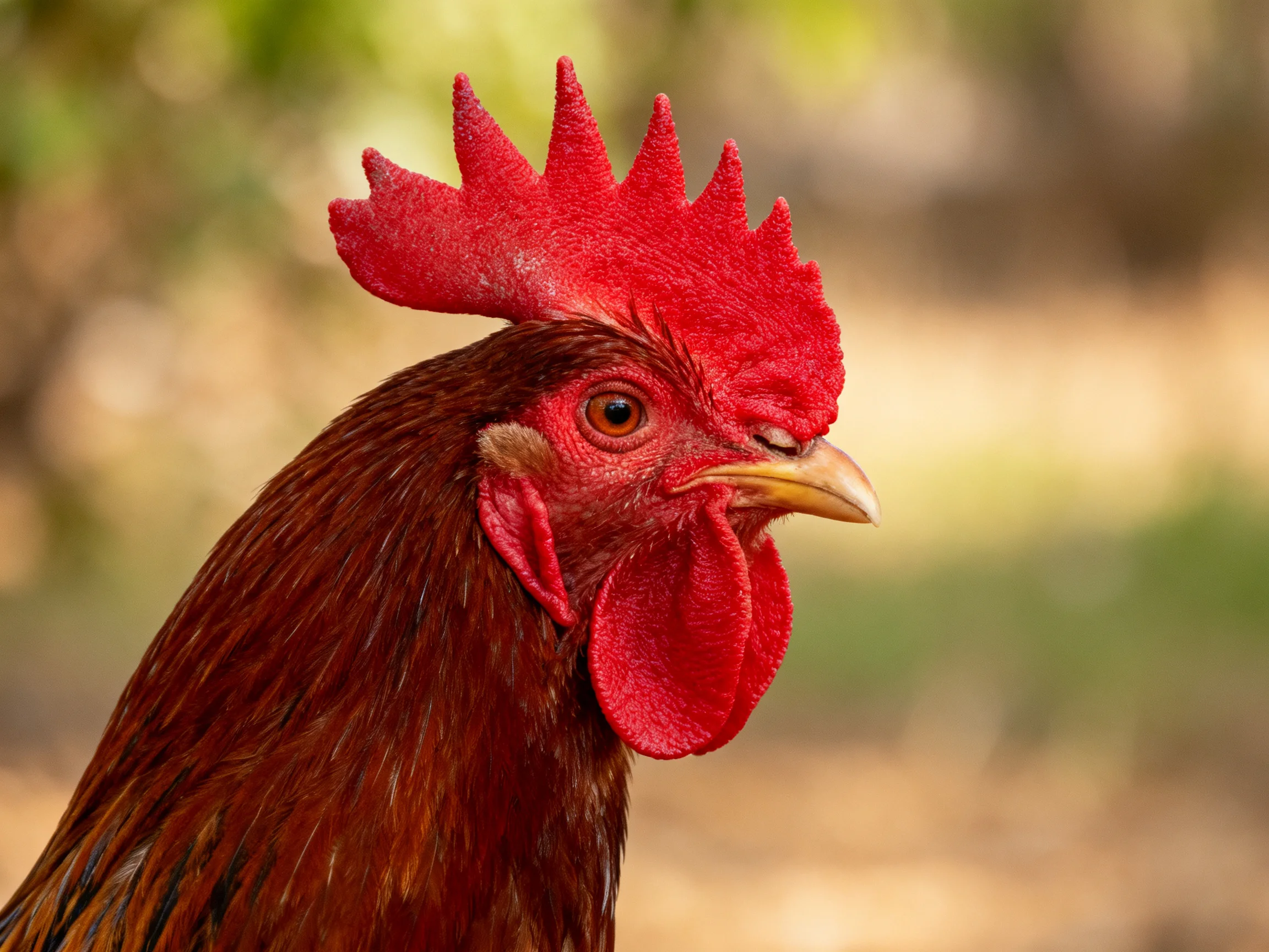 A vibrant red-combed rooster with glossy brown plumage