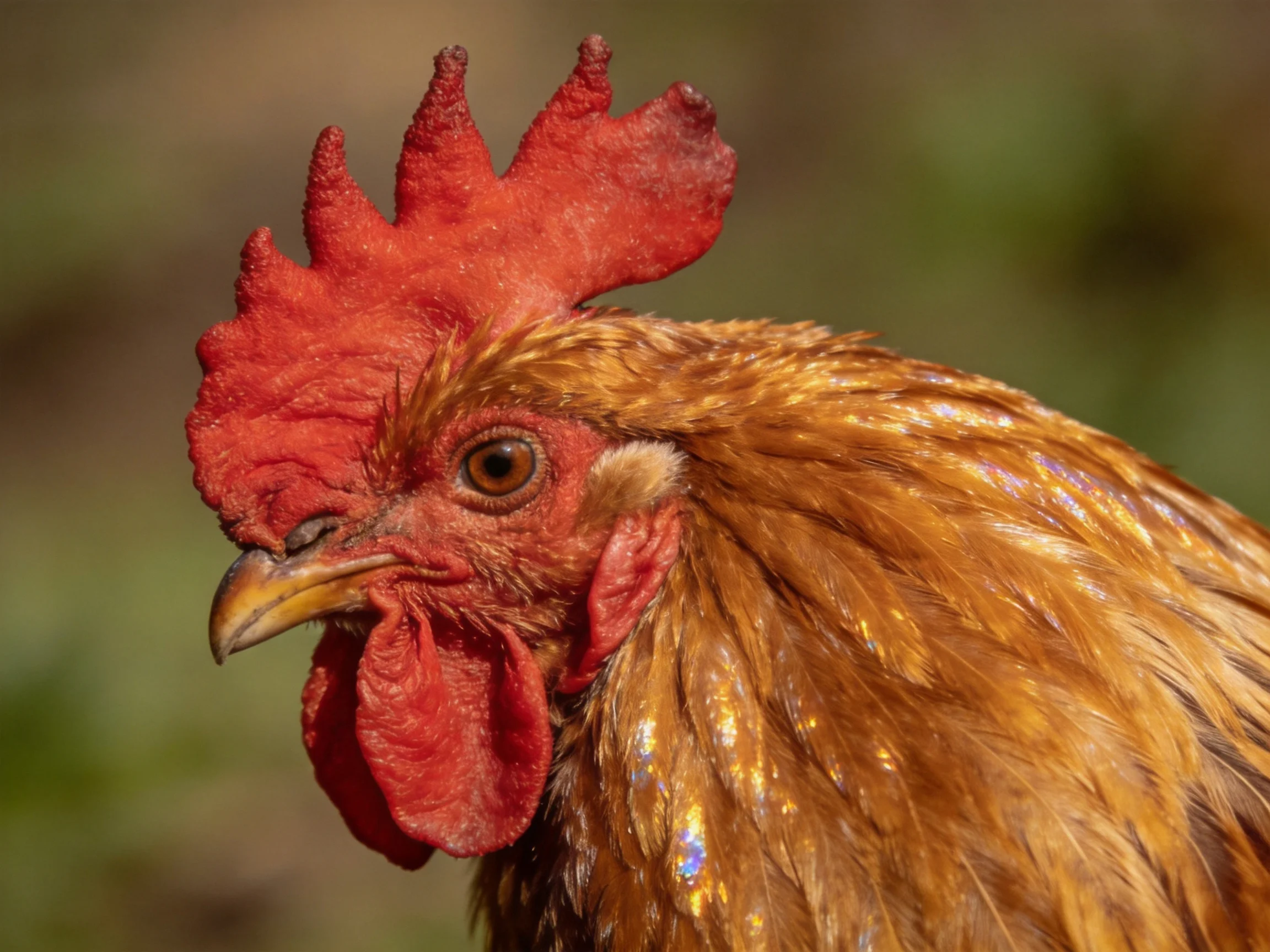 A vibrant red-combed rooster with glossy golden-brown feathers