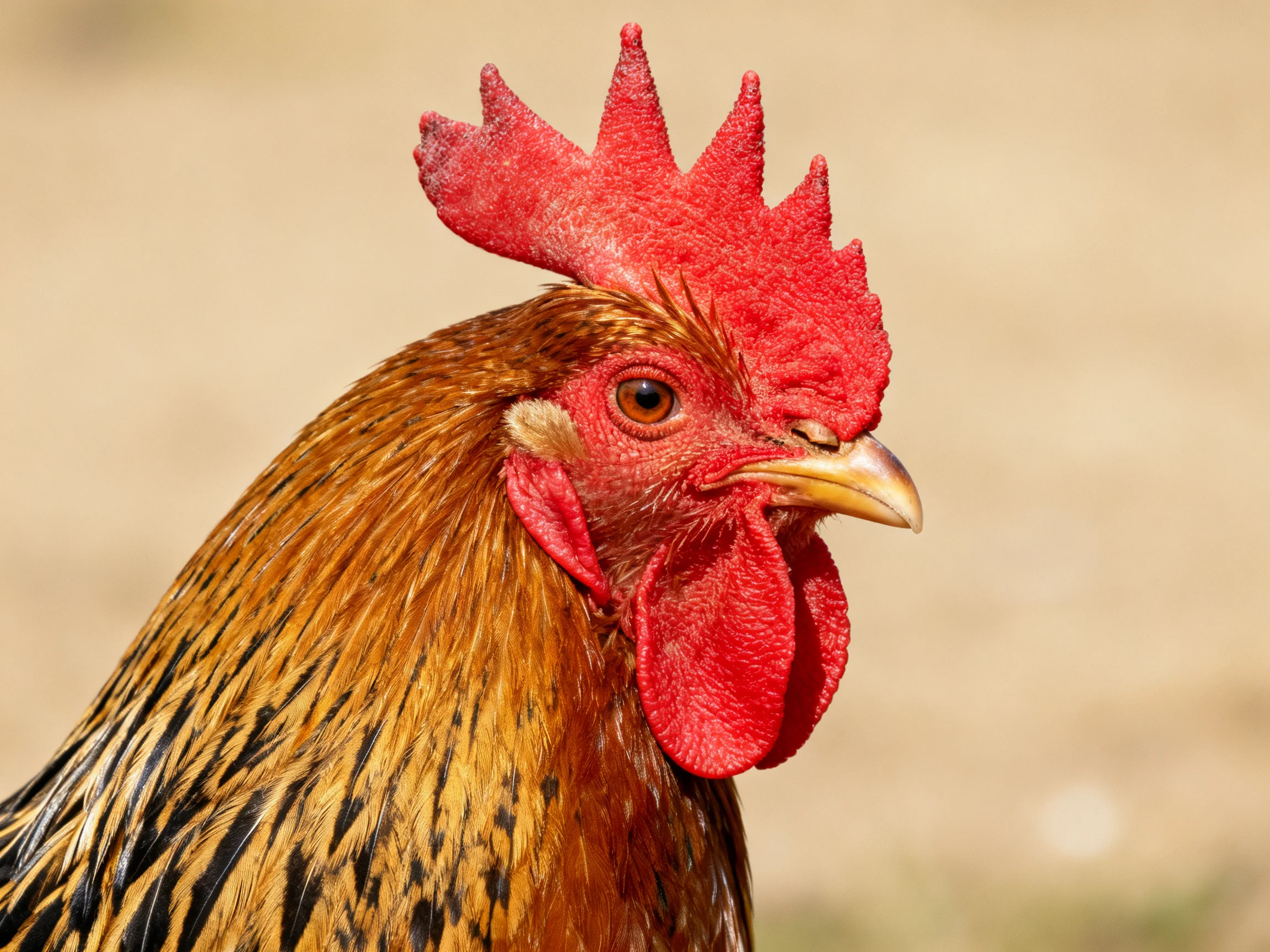 A vibrant red-combed rooster with golden-brown and black speckled feathers