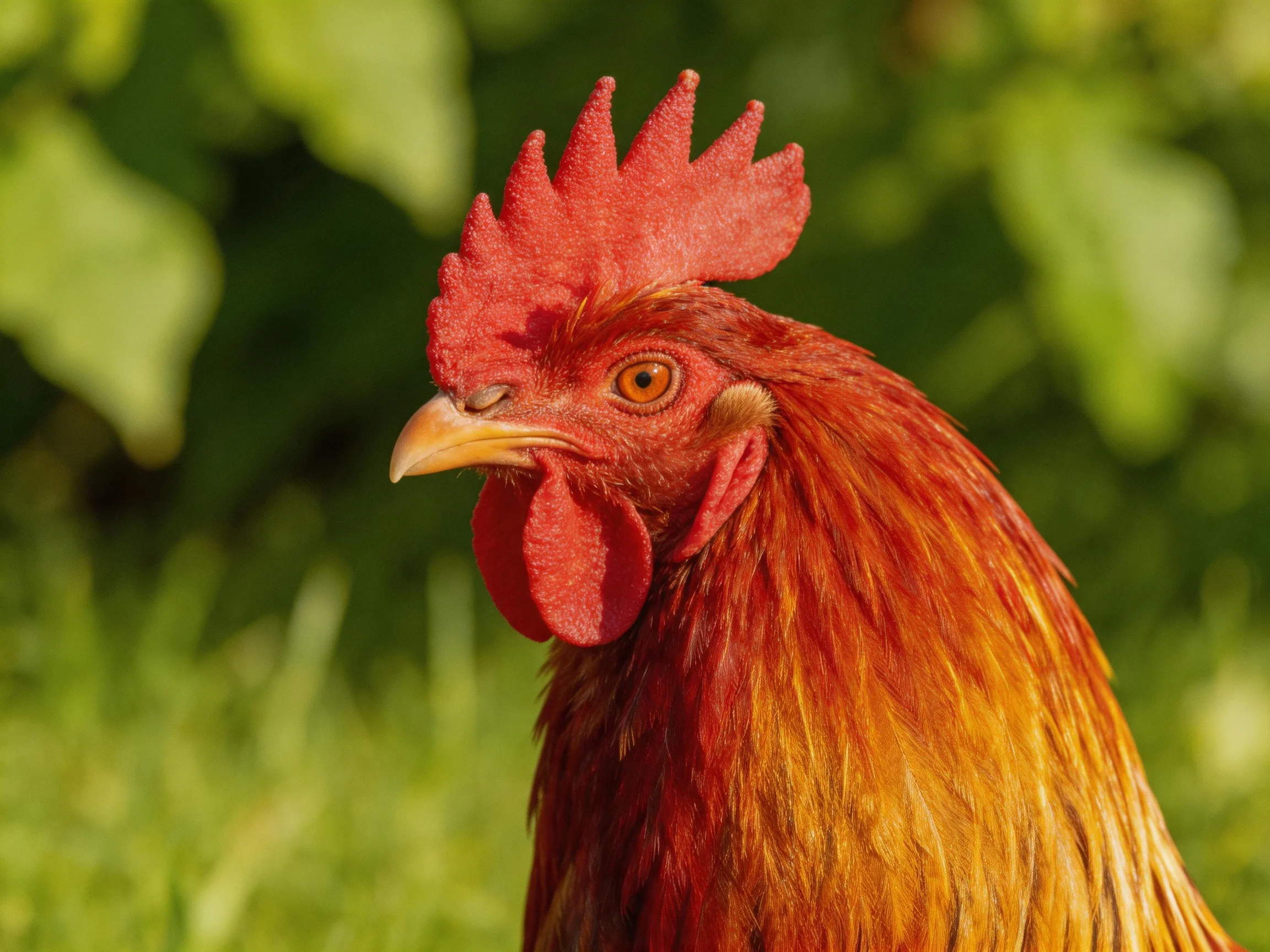 A vibrant red-combed rooster with golden-brown feathers amidst lush green foliage