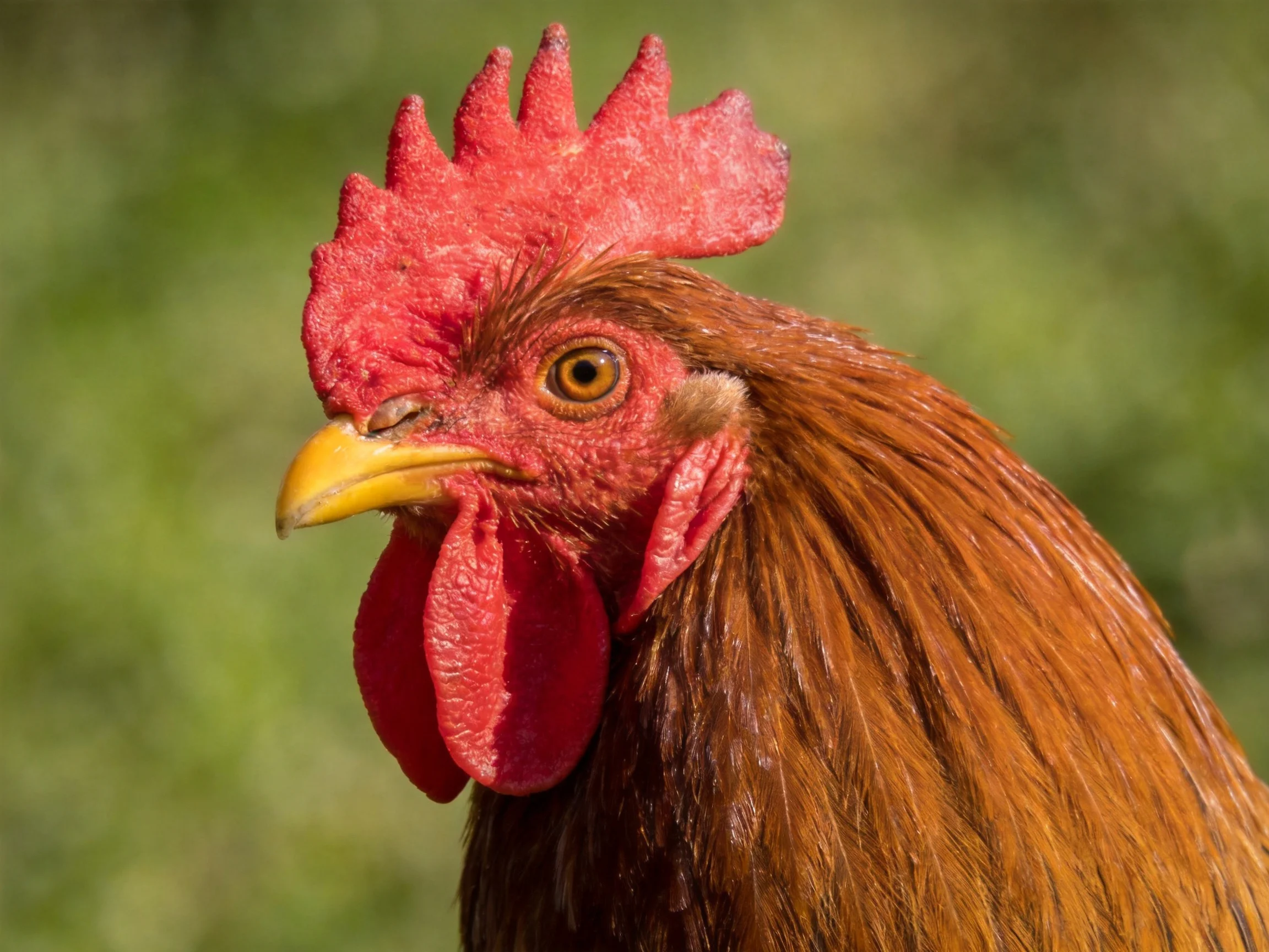 A vibrant red-combed rooster with golden-brown feathers and a yellow beak