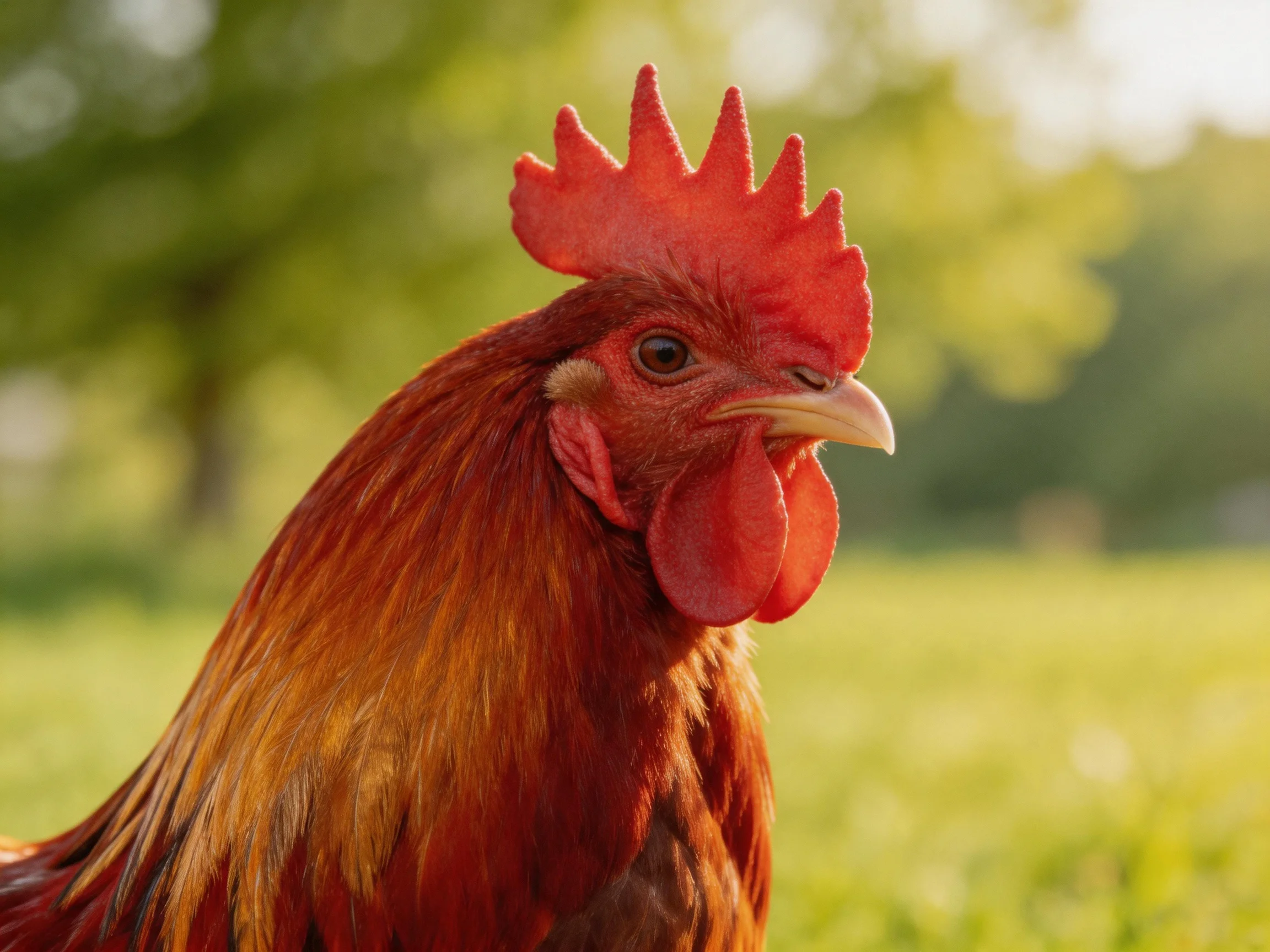 A vibrant red-combed rooster with golden-brown feathers in a sunlit meadow