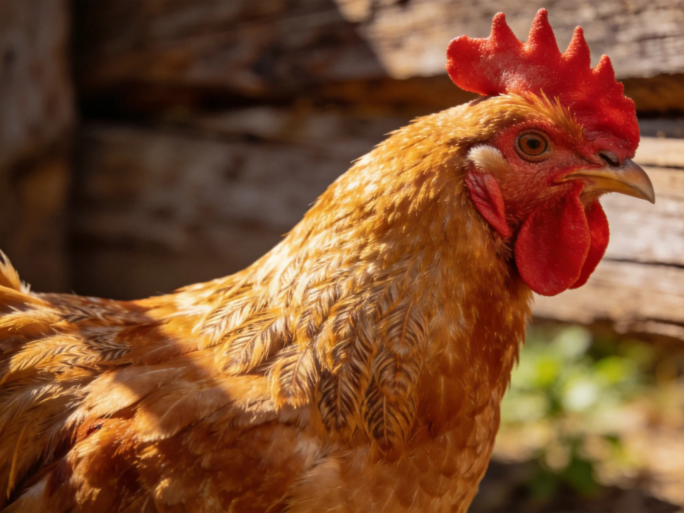 A vibrant red-combed rooster with golden-brown feathers near weathered wood