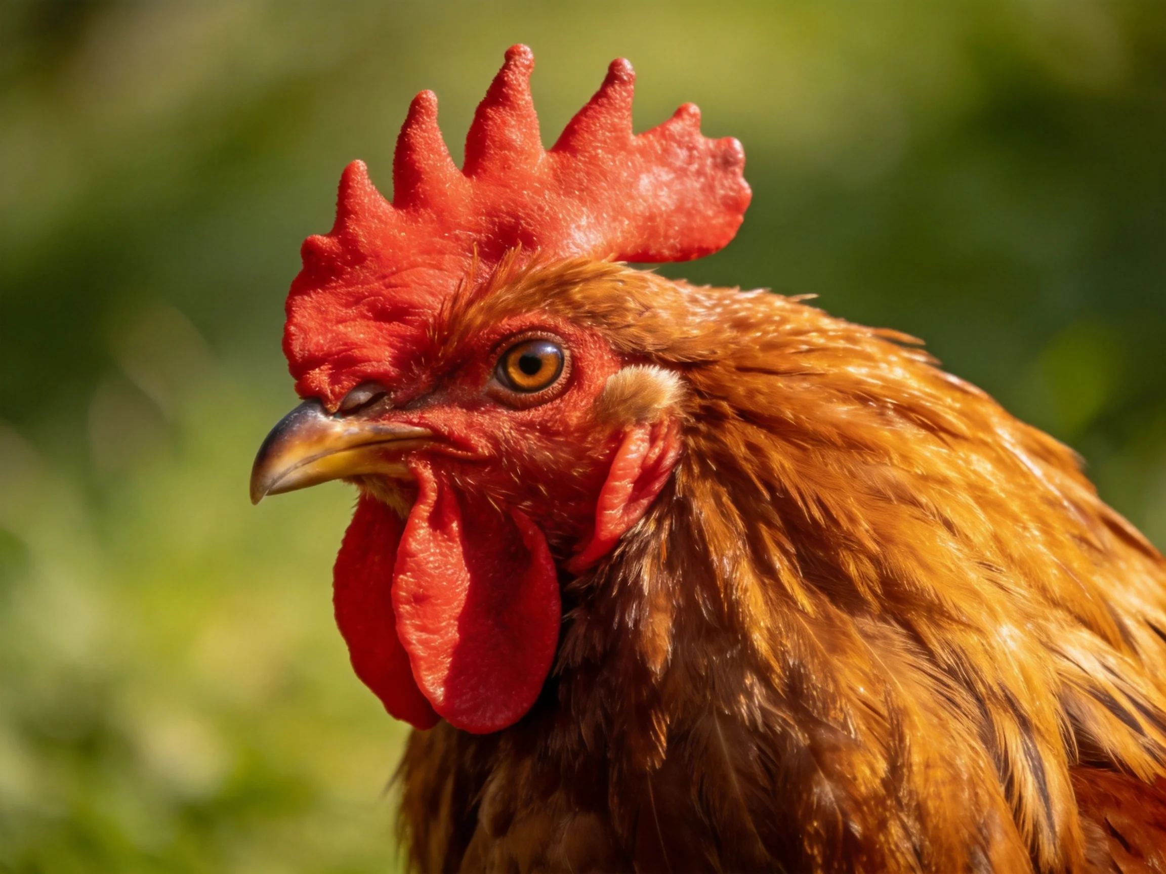 A vibrant red-combed rooster with golden-brown plumage
