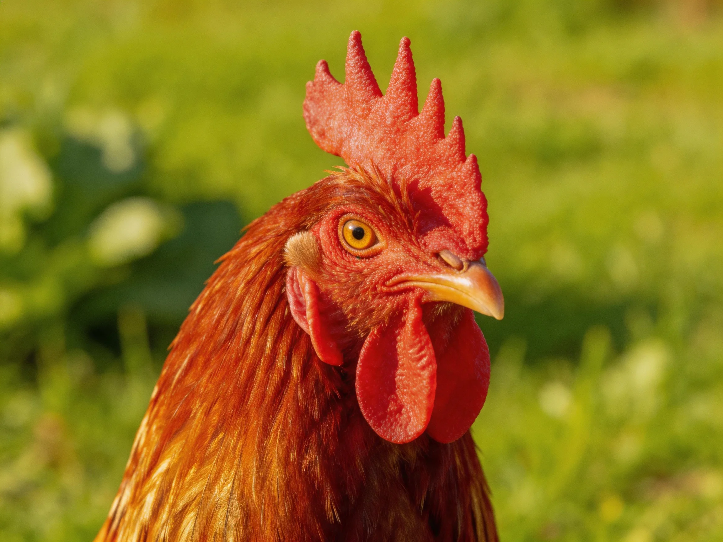 A vibrant red-combed rooster with golden-brown plumage amidst lush green foliage
