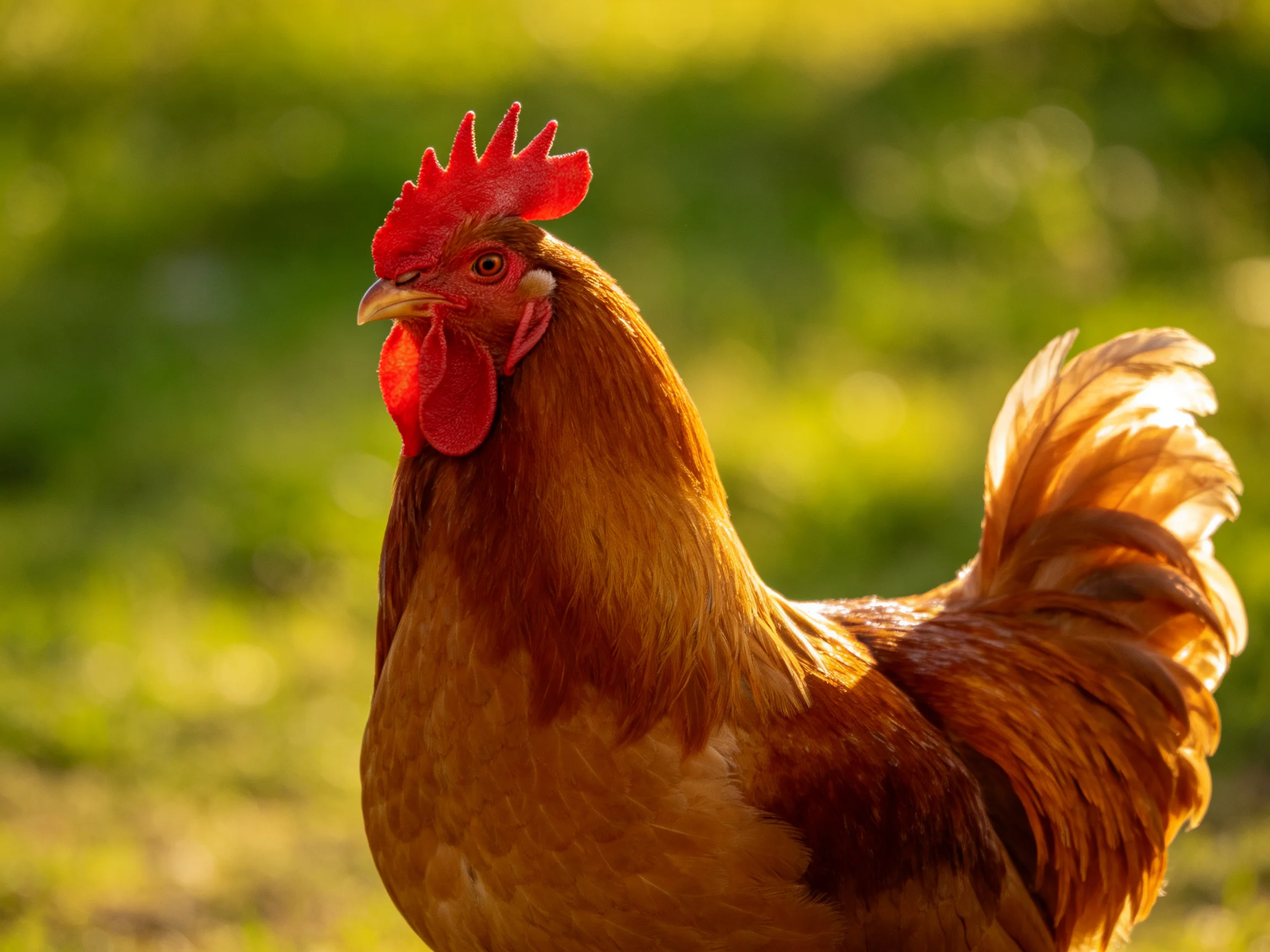 A vibrant red-combed rooster with golden-brown plumage in a sunlit field