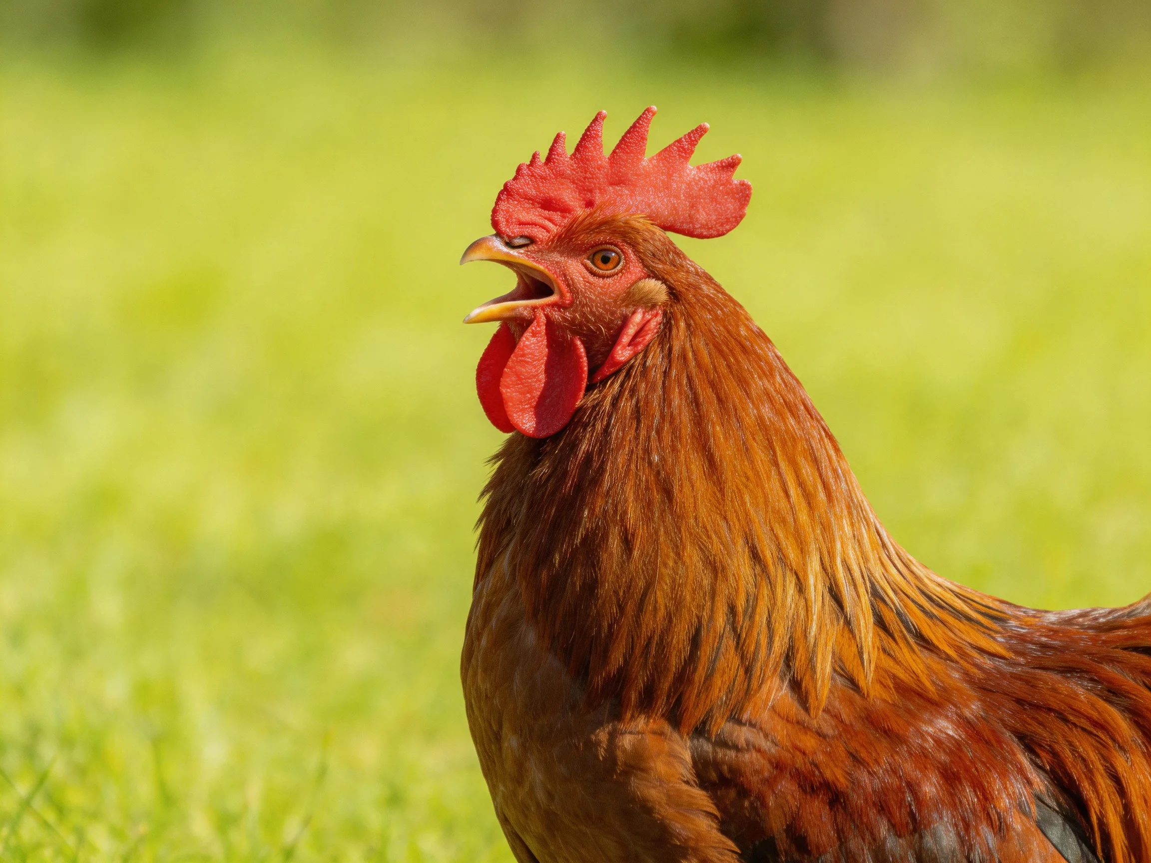 A rooster with bright red features stands in a sunlit green field.