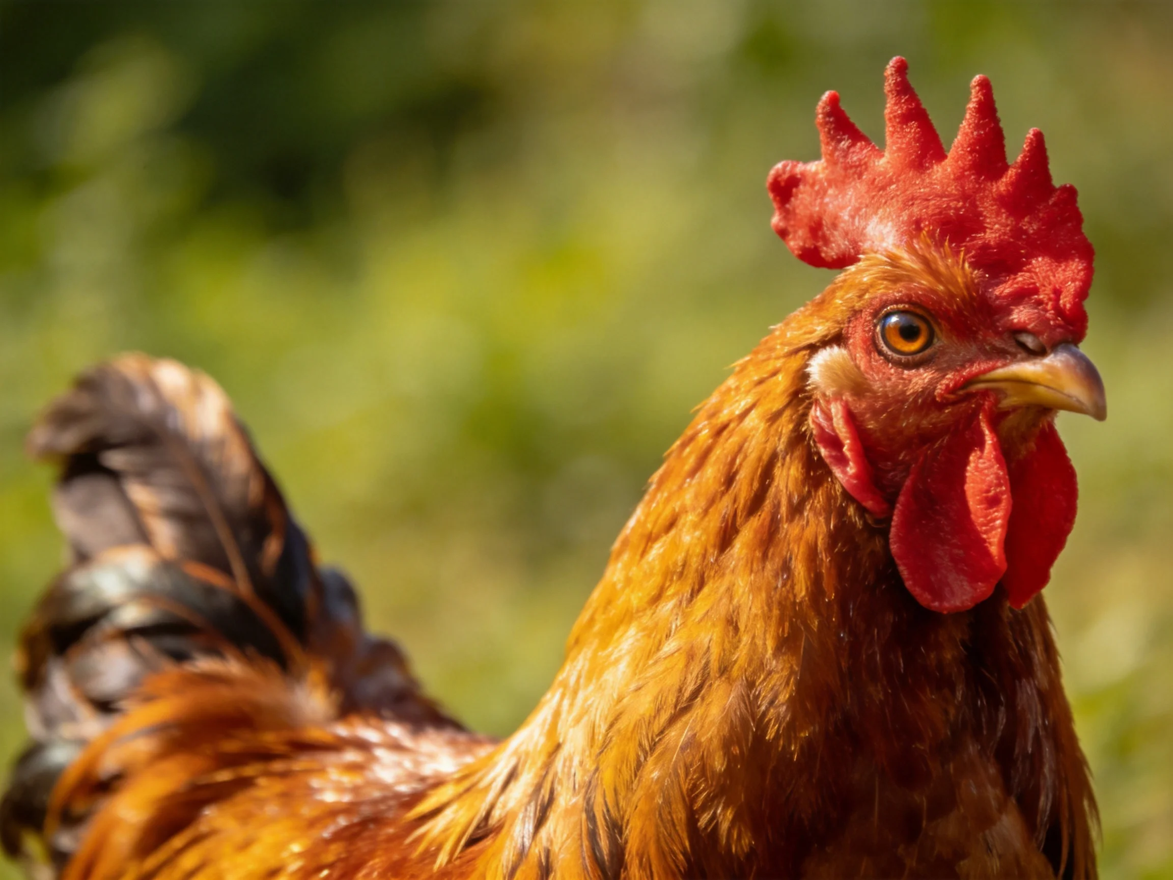 A vibrant red-combed rooster with golden-brown plumage in a sunlit outdoor setting