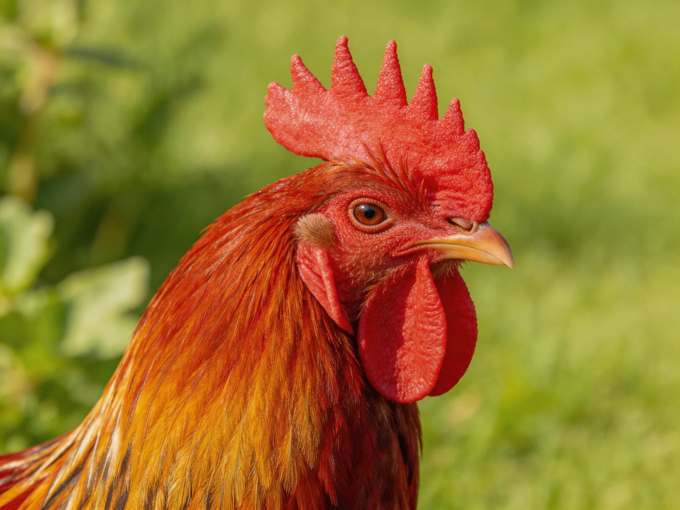 A vibrant red-combed rooster with golden-brown plumage in lush greenery