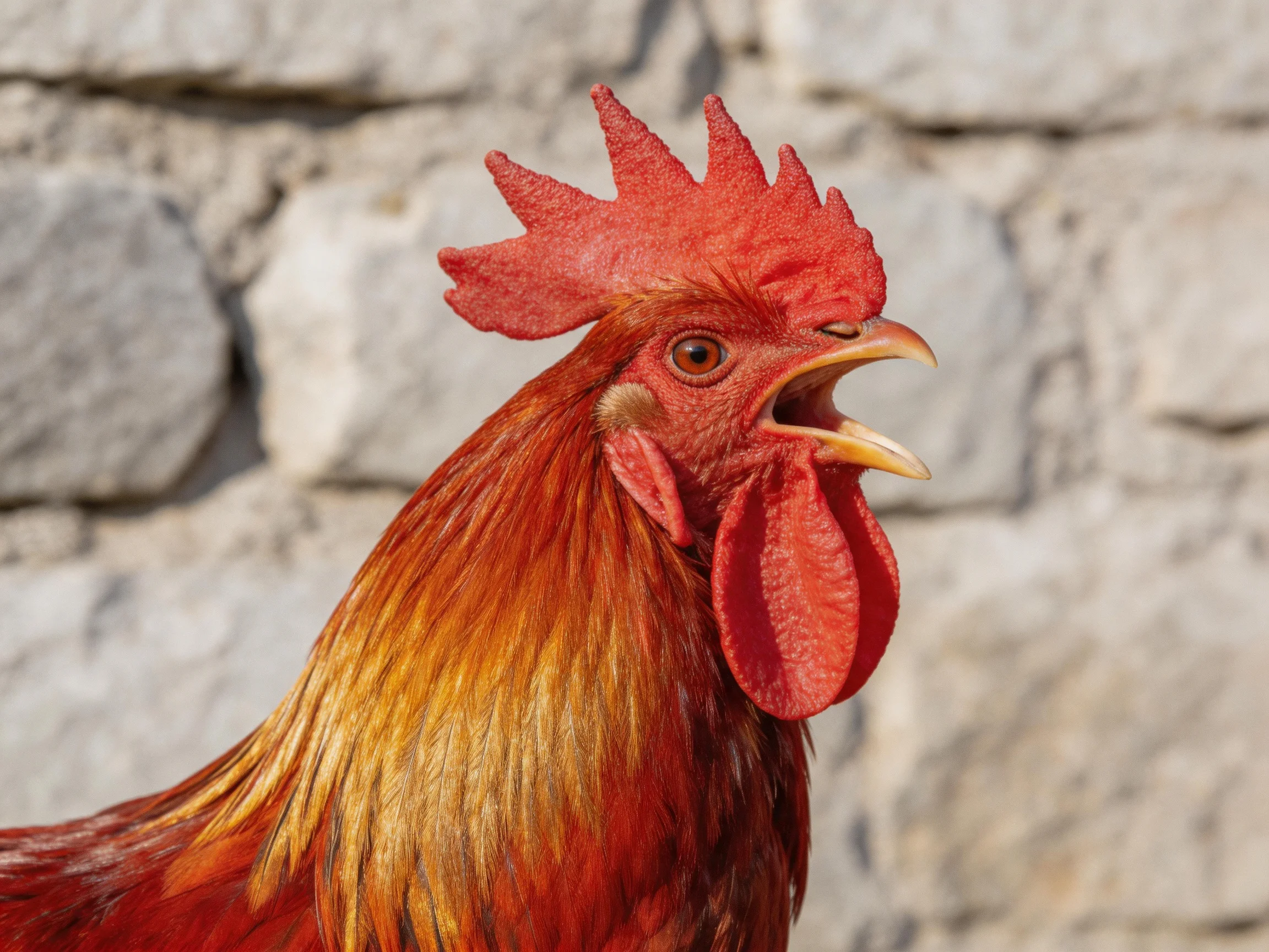 A vibrant red-combed rooster with golden-brown plumage near a stone wall