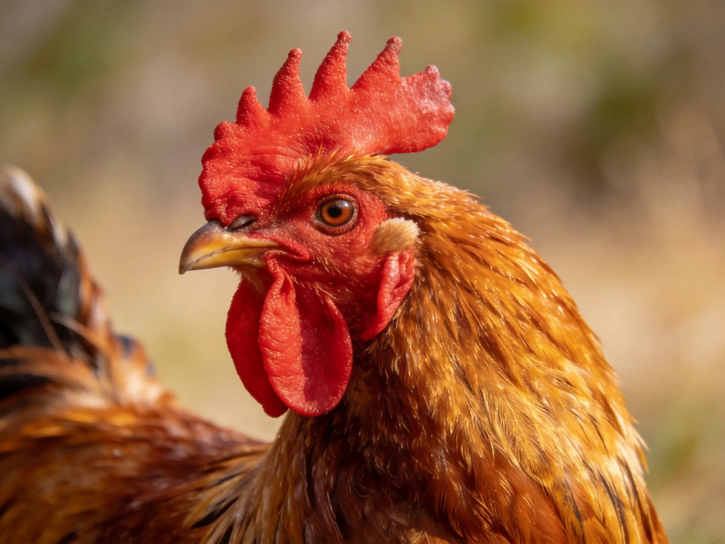 A vibrant red-combed rooster with golden-brown plumage