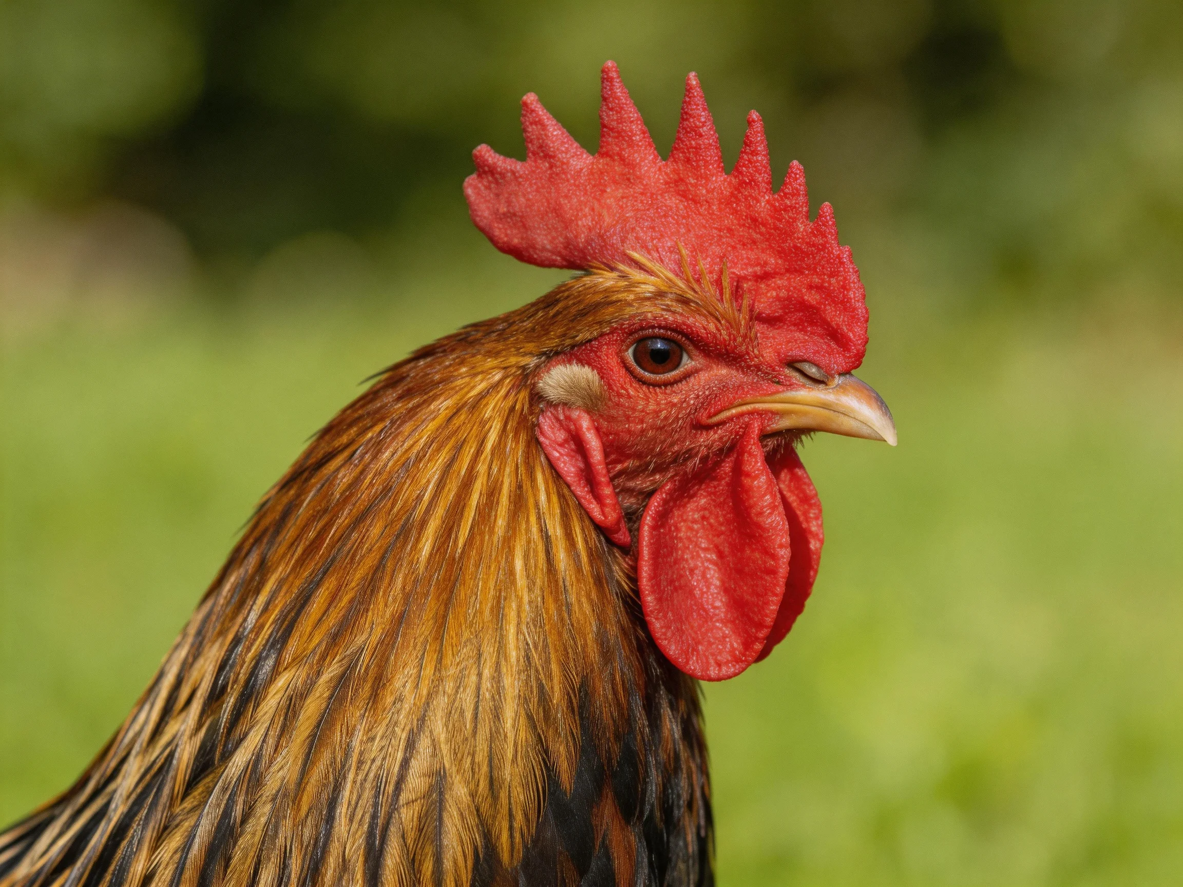 A vibrant red-combed rooster with golden-brown striped plumage