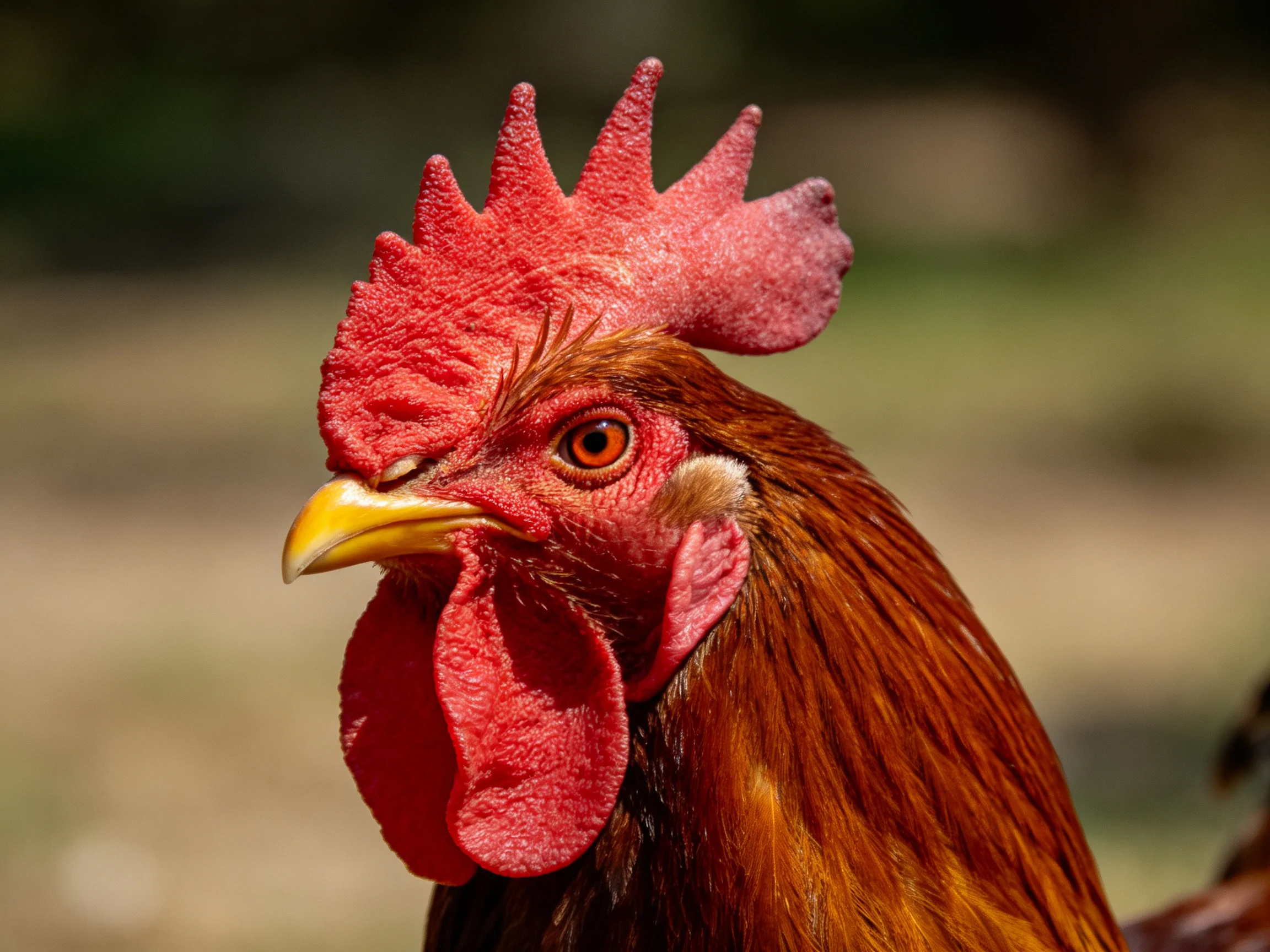 A vibrant red-combed rooster with golden feathers and a yellow beak
