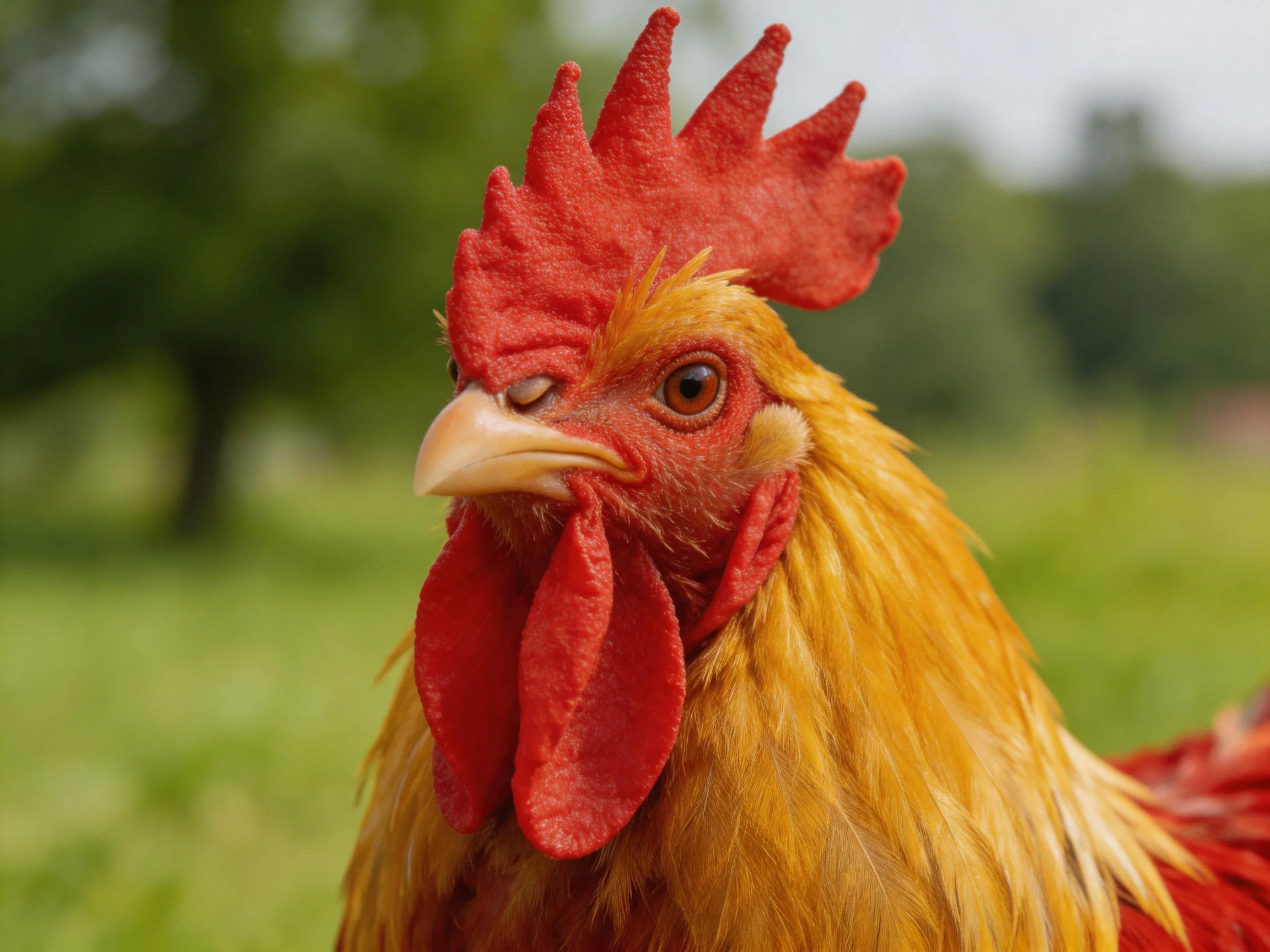 A vibrant red-combed rooster with golden feathers in a green field