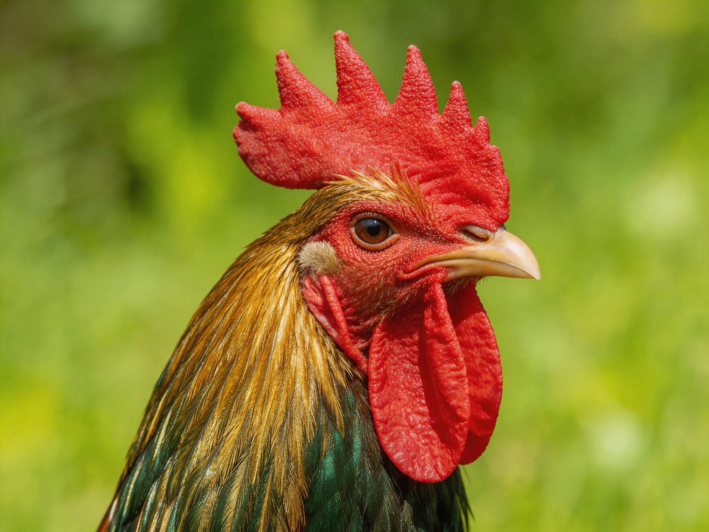 A vibrant red-combed rooster with golden-green plumage against a blurred green backdrop
