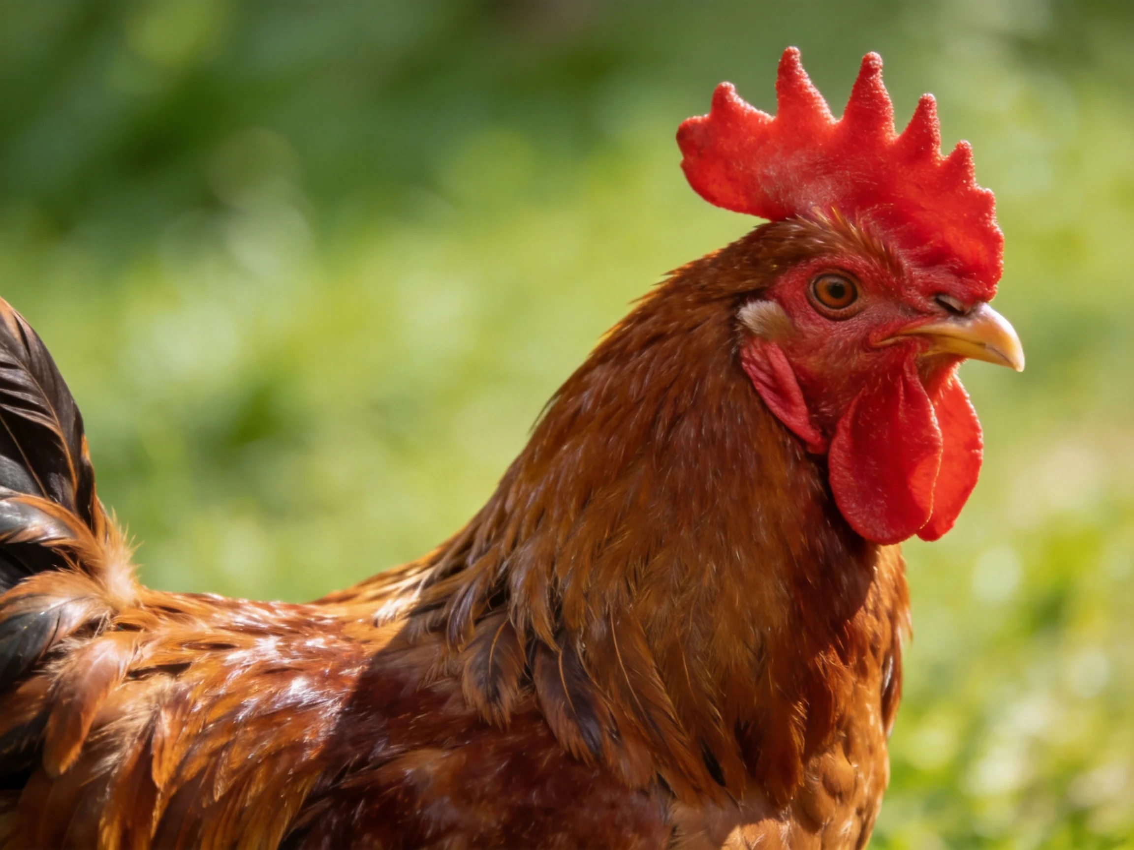 A vibrant red-combed rooster with rich brown plumage in a green outdoor setting