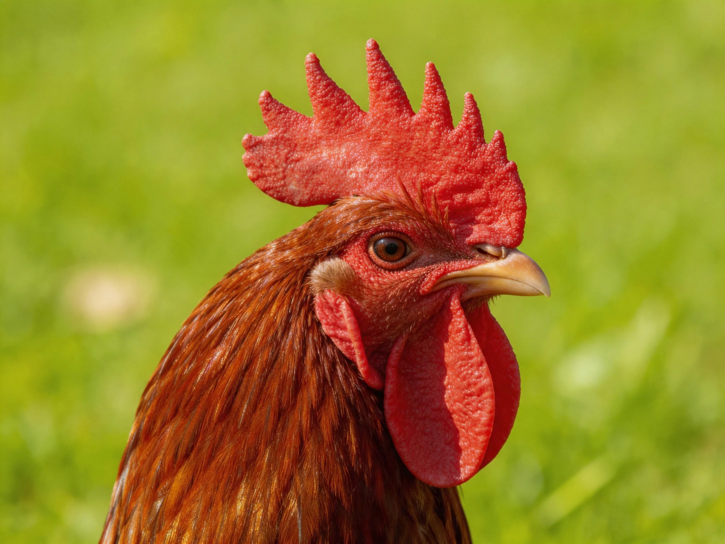 A vibrant red-combed rooster with rich brown plumage