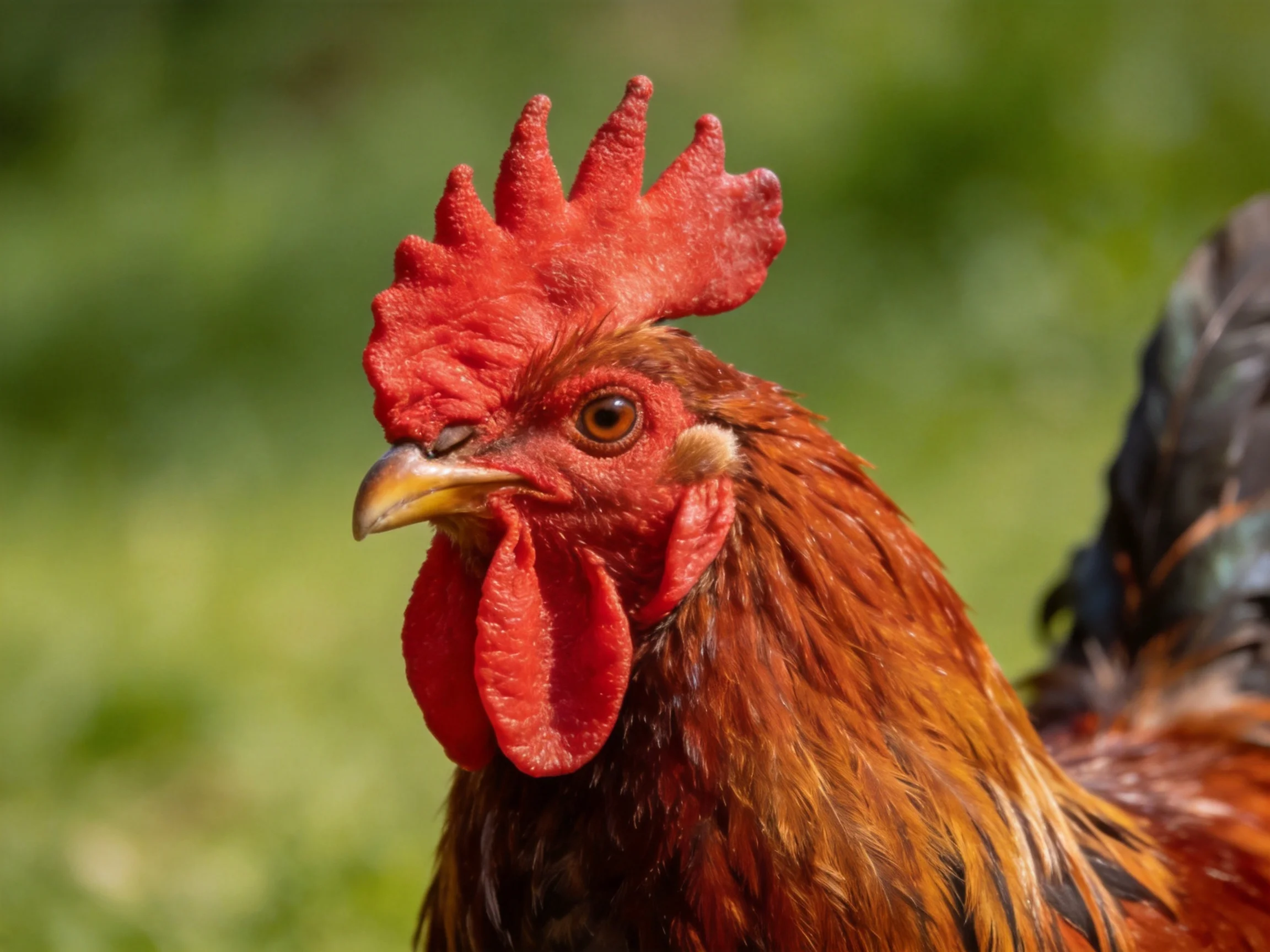A vibrant red-combed rooster with rich golden-brown plumage