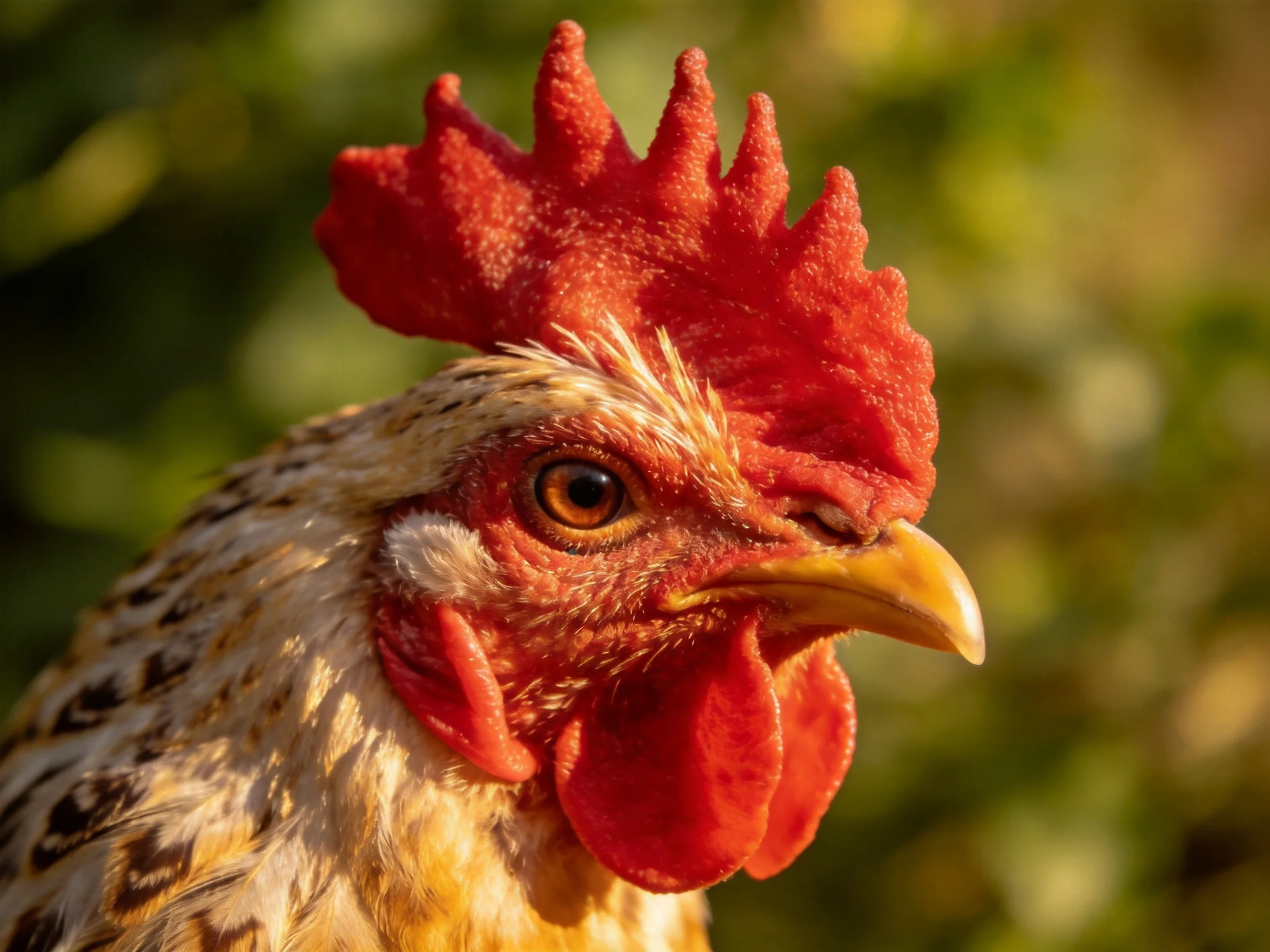 Close-up of a rooster showcasing its bright red comb and yellow beak.