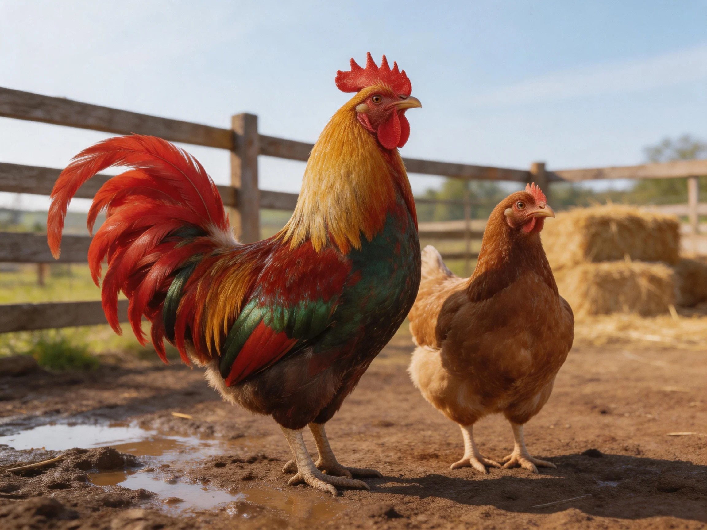 A vibrant red-green rooster and brown hen stand near hay bales by a wooden fence