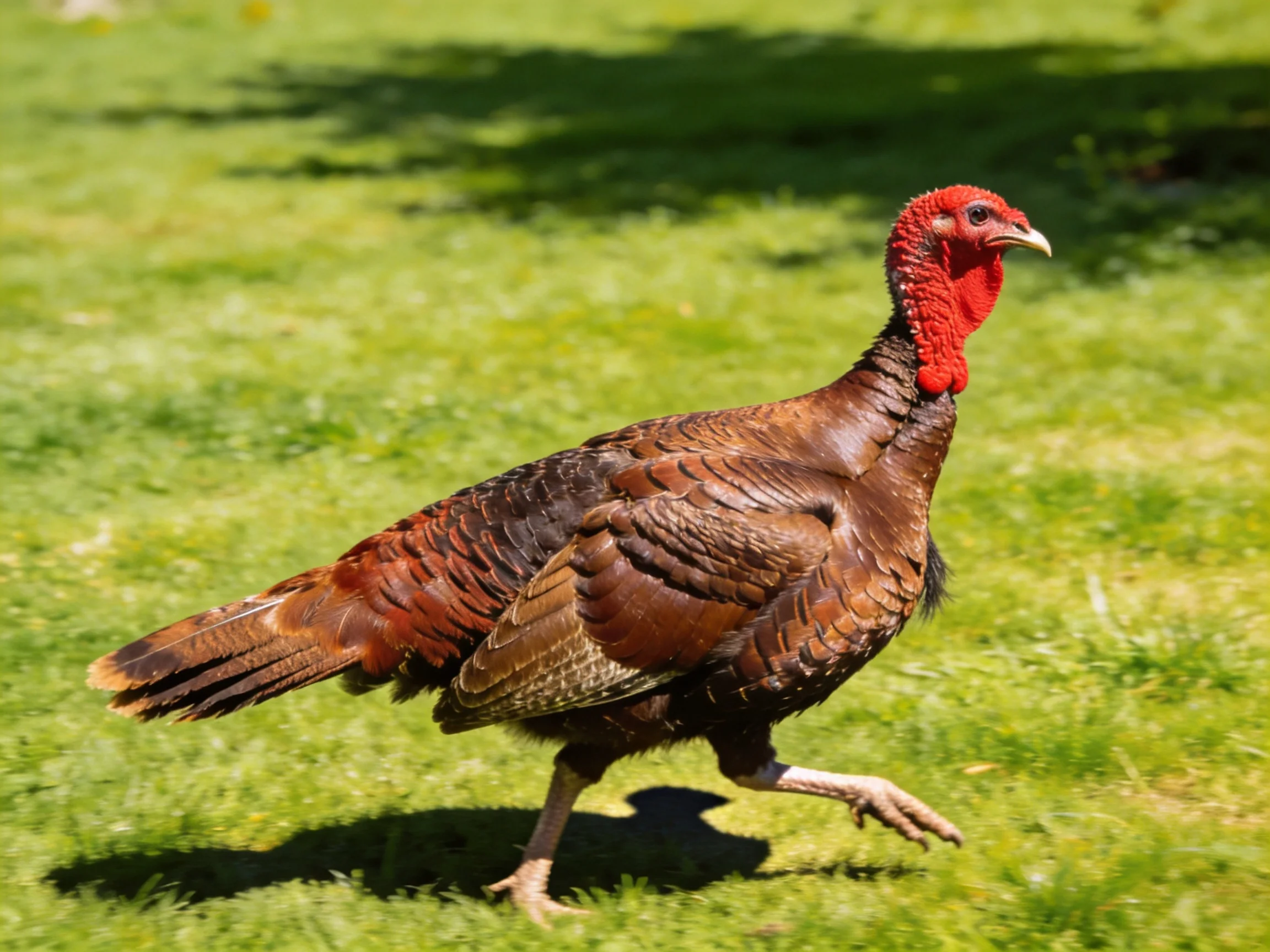 A vibrant red-headed turkey walks across lush green grass