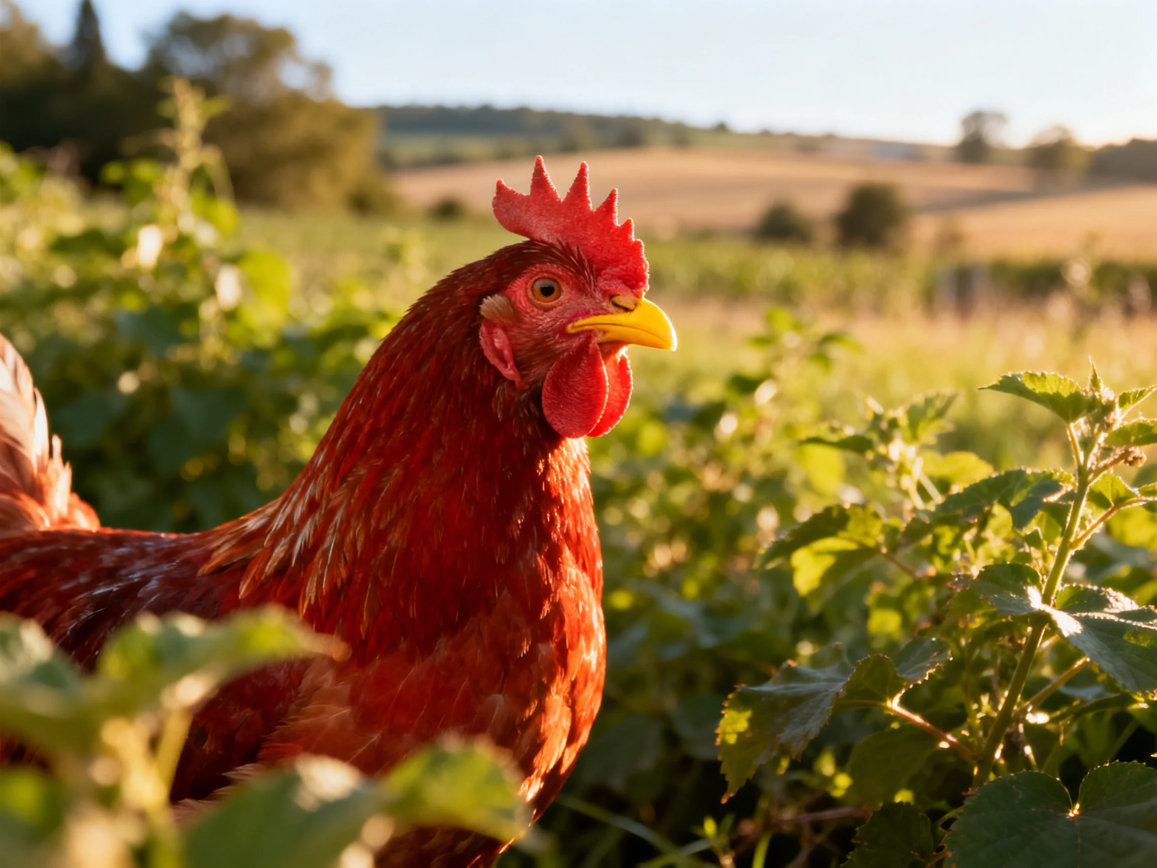 A vibrant red hen amid lush greenery in a sunlit rural field