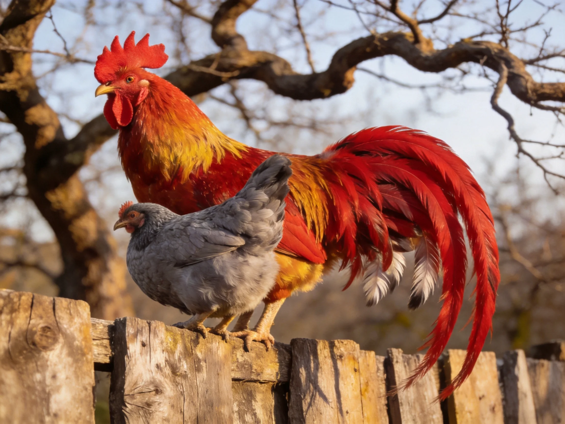 A red rooster and gray hen rest on a weathered wooden fence outdoors