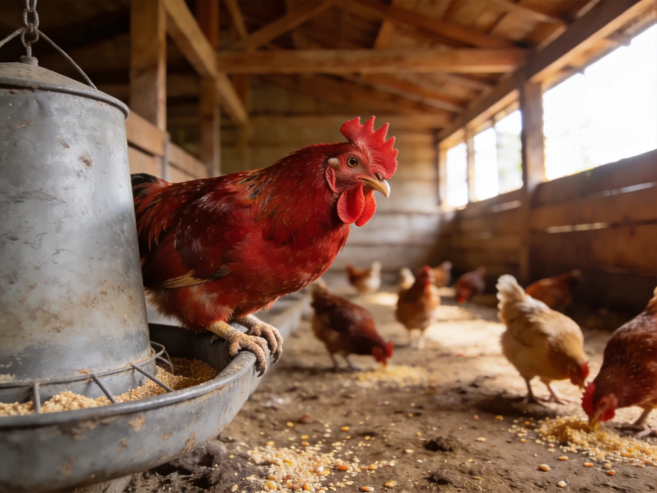 A vibrant red rooster perches beside a metal feeder in a rustic chicken coop