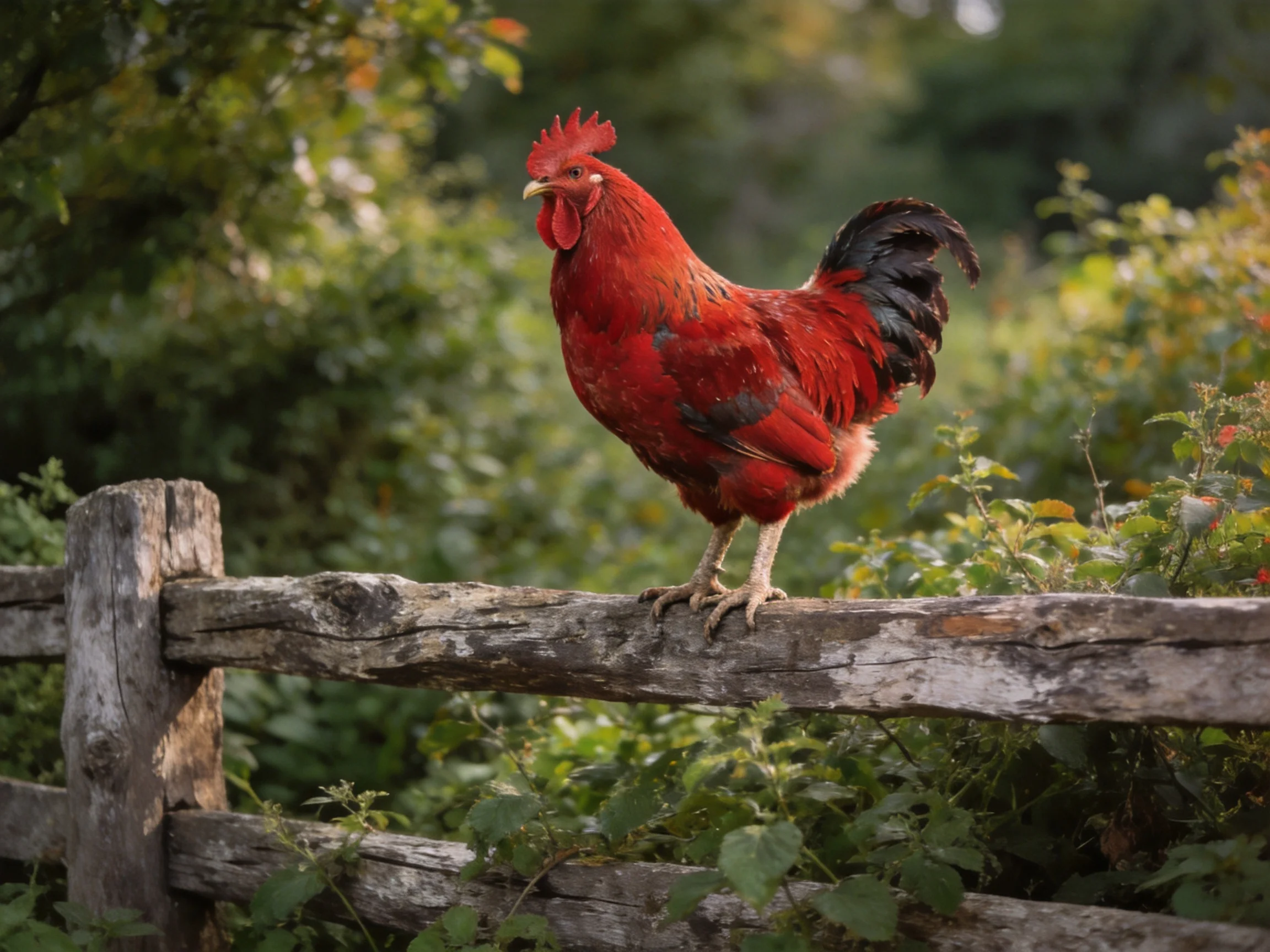 A vibrant red rooster perches on an aged wooden fence amidst lush greenery