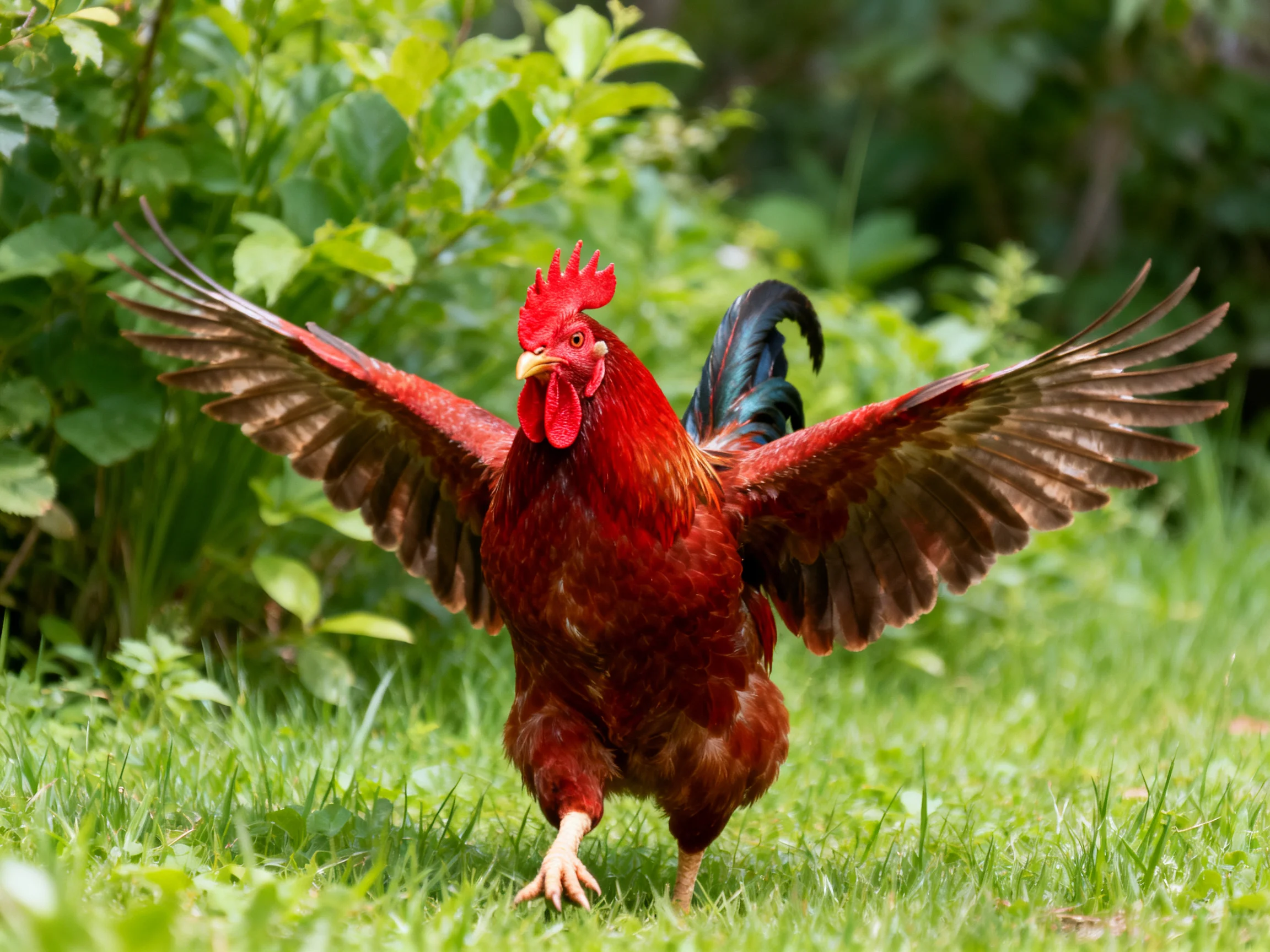 A vibrant red rooster spreads wings amidst lush green foliage