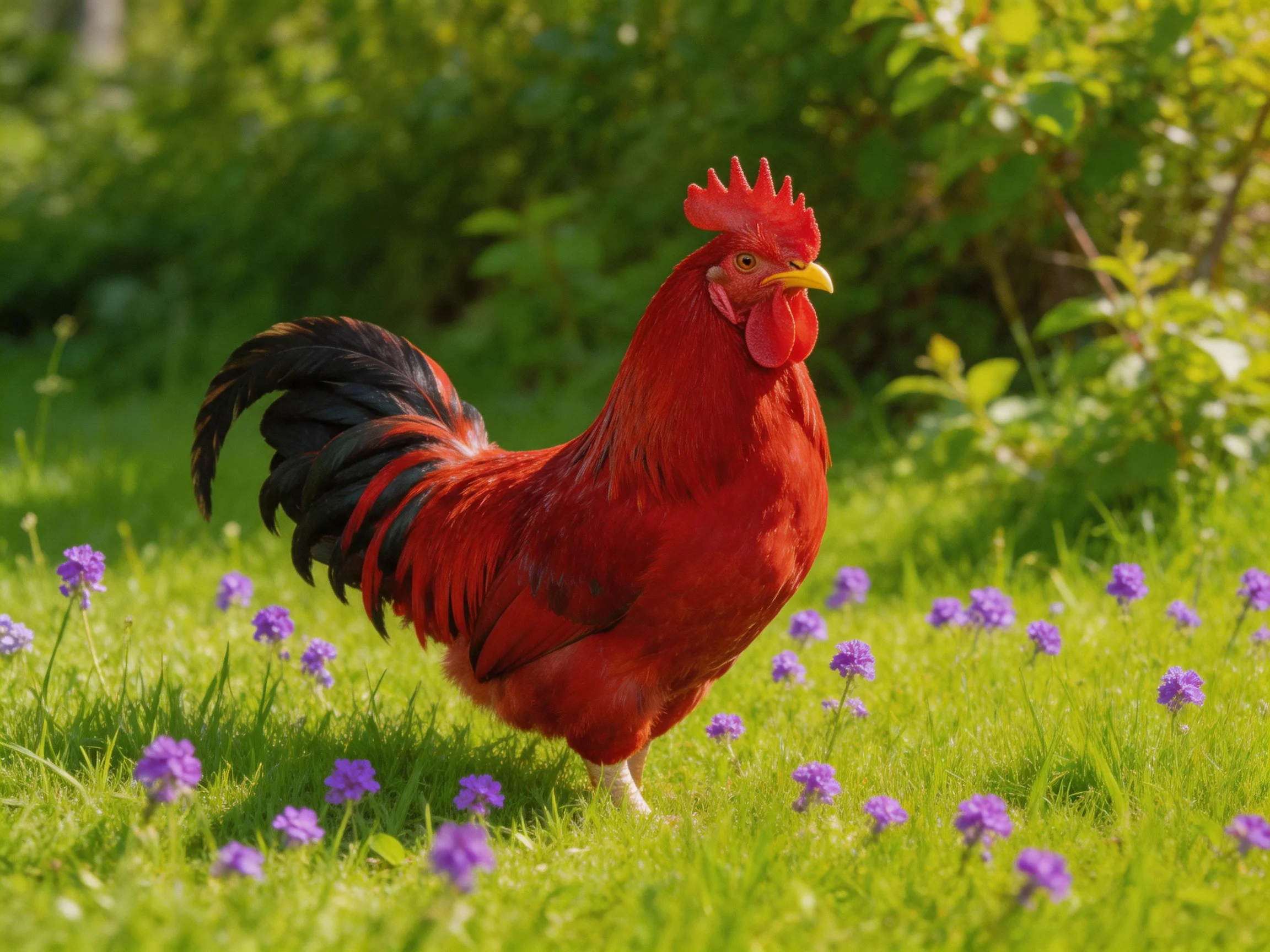 A vibrant red rooster stands amid purple flowers in a lush green meadow
