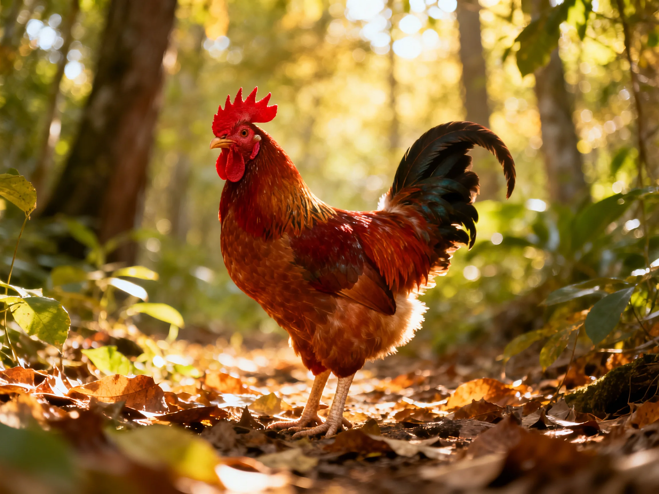 A vibrant red rooster stands among golden autumn leaves in a sunlit forest